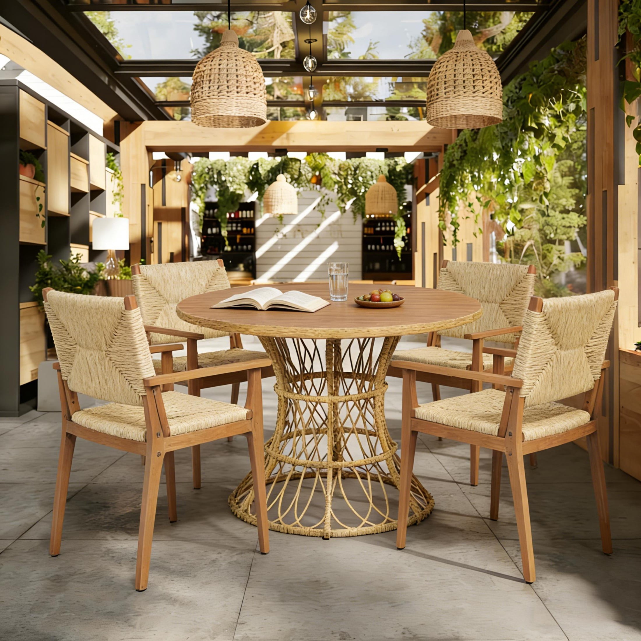 Christopher Knight Home Wicker Outdoor Dining Set for 4, Round Wood Table with Patio Chairs, Teak