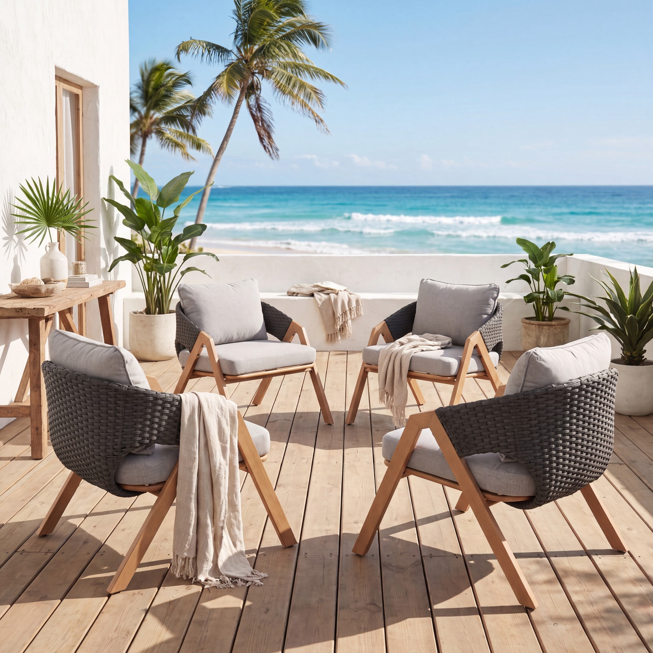 Christopher Knight Home Wicker Rattan Outdoor Lounge Chair with Cushions, Steel Frame, Gray, Set of 4