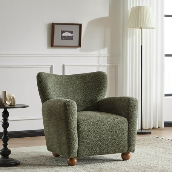 Christopher Knight Home Wingback Chair, Boucle Upholstered Accent Chair with Solid Wood Legs, Olive Green