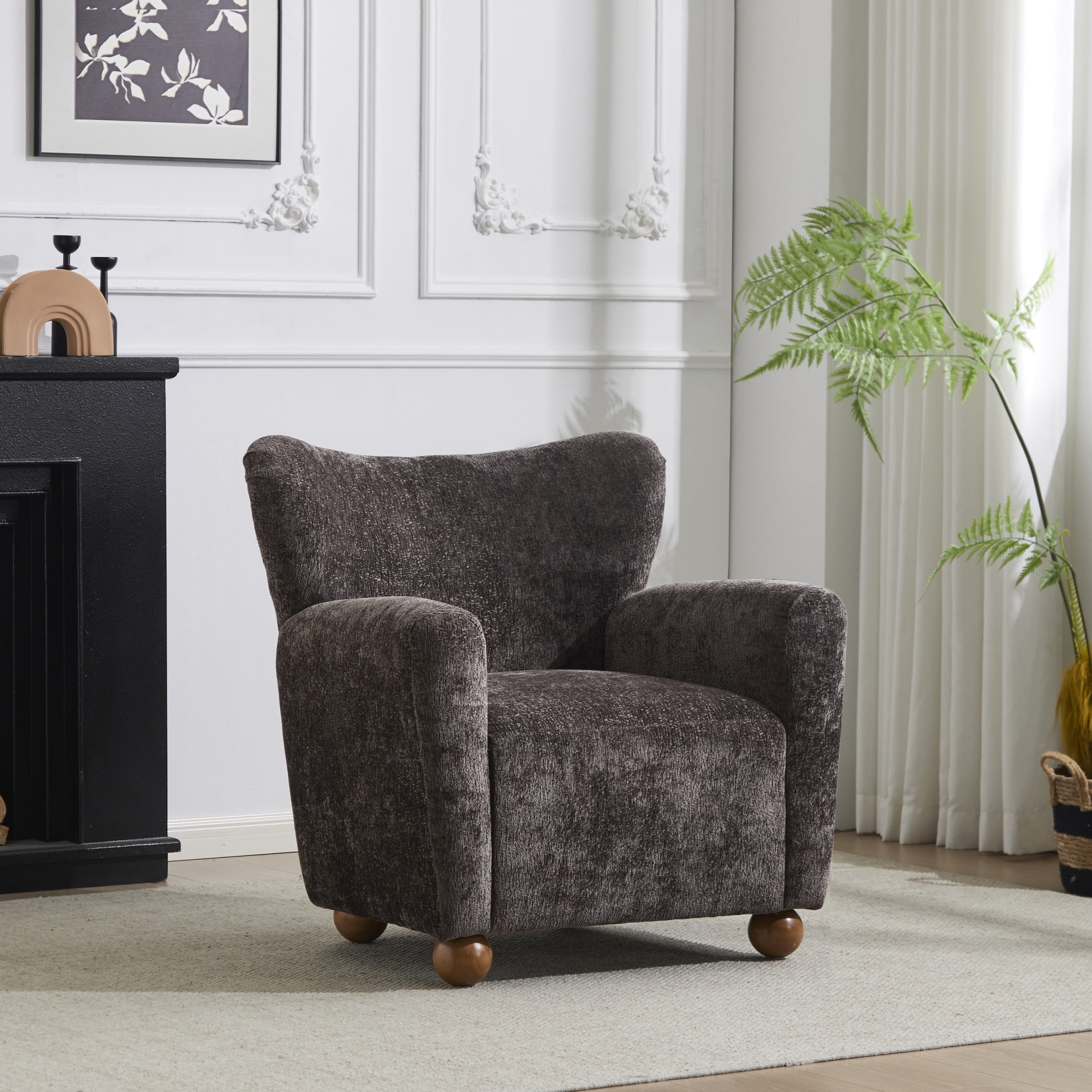 Christopher Knight Home Wingback Chair, Chenille Upholstered Accent Chair with Solid Wood Legs, Dark Brown