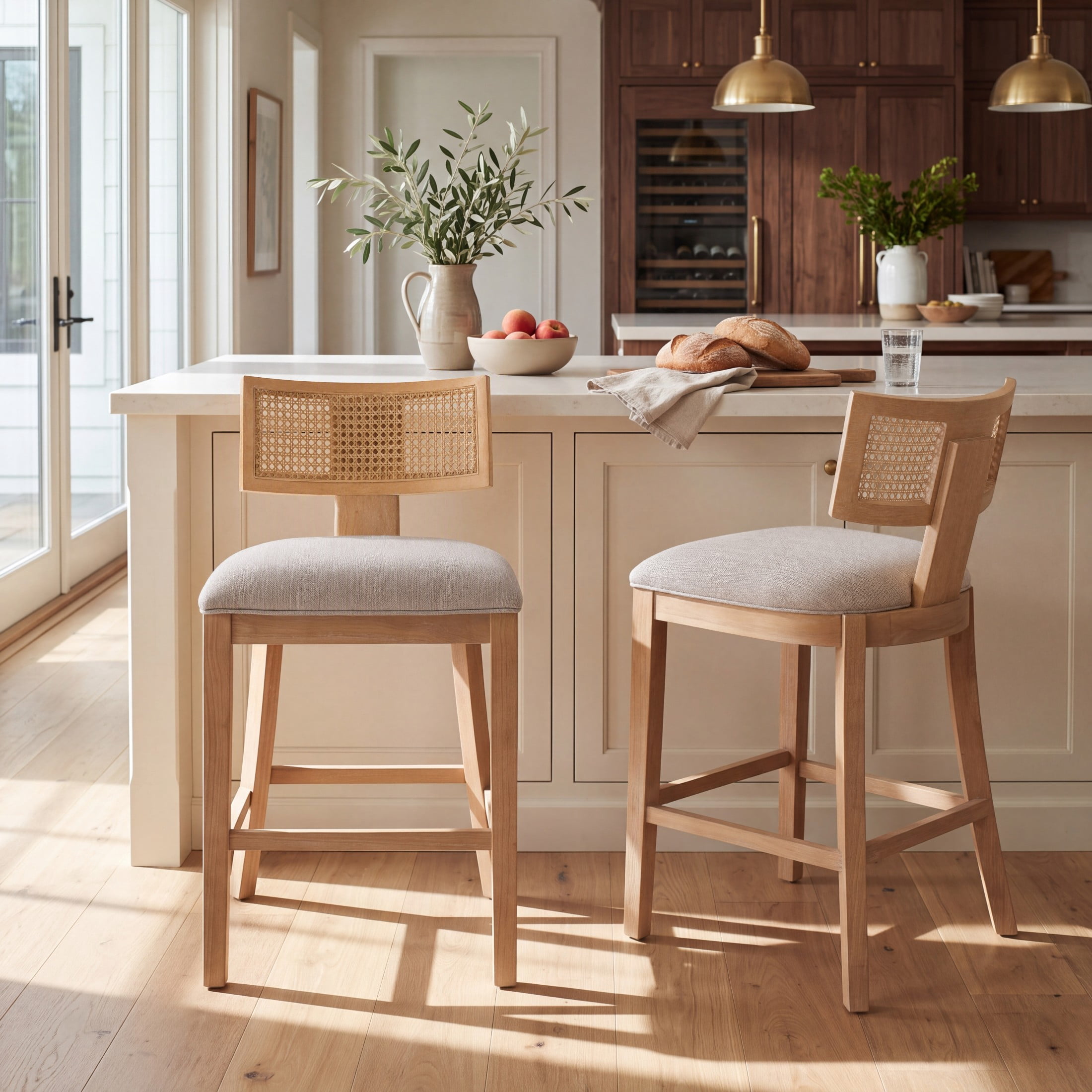 Christopher Knight Home Wood Armless Counter Stools, Upholstered Seat with Rattan Back, Natural, Set of 2
