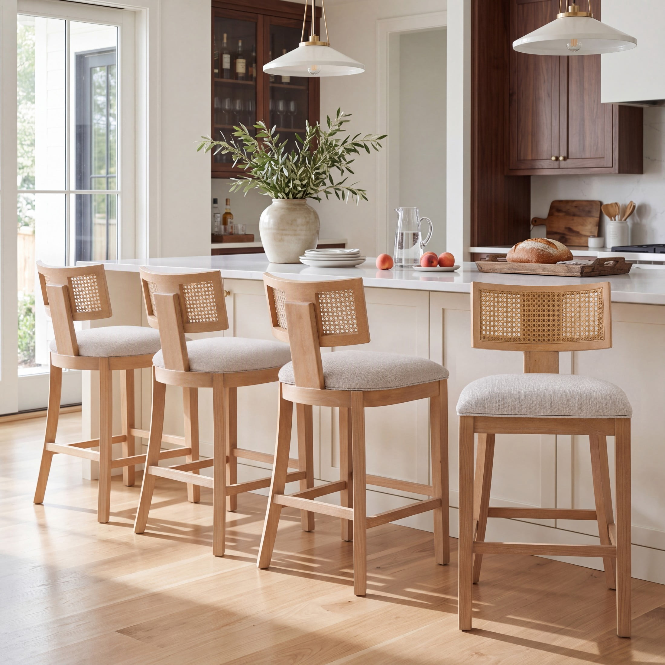 Christopher Knight Home Wood Armless Counter Stools, Upholstered Seat with Rattan Back, Natural, Set of 4