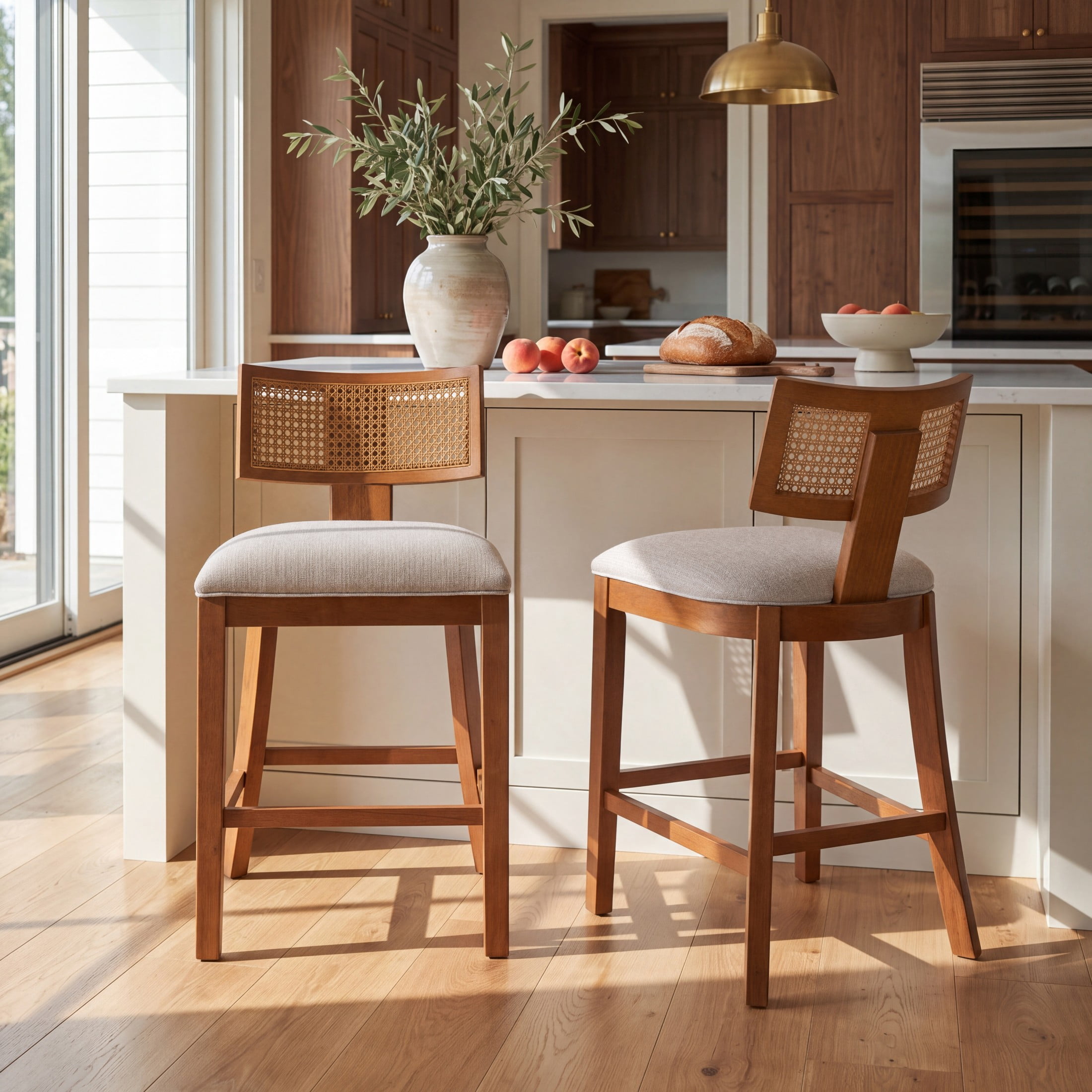 Christopher Knight Home Wood Armless Counter Stools, Upholstered Seat with Rattan Back, Walnut, Set of 2
