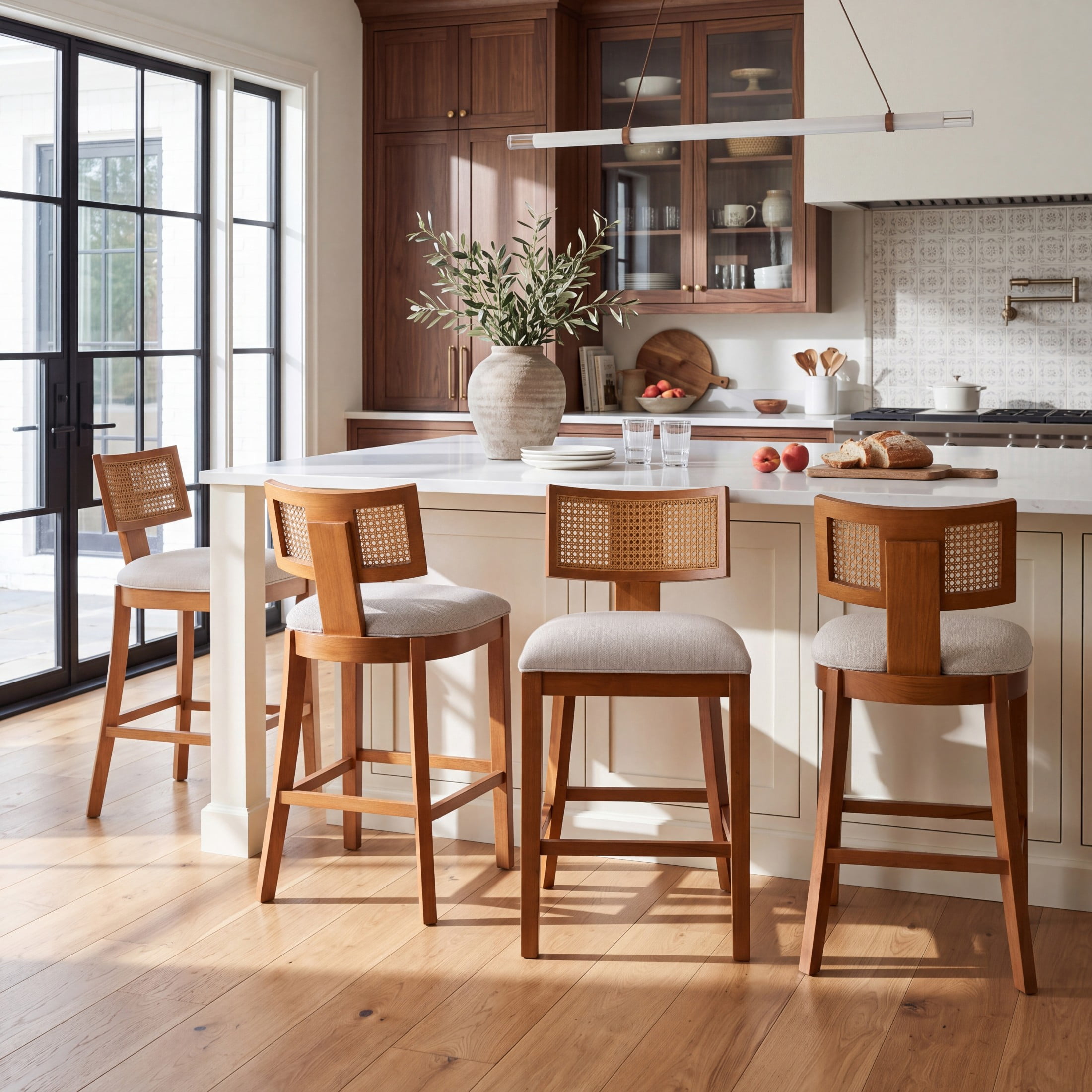 Christopher Knight Home Wood Armless Counter Stools, Upholstered Seat with Rattan Back, Walnut, Set of 4