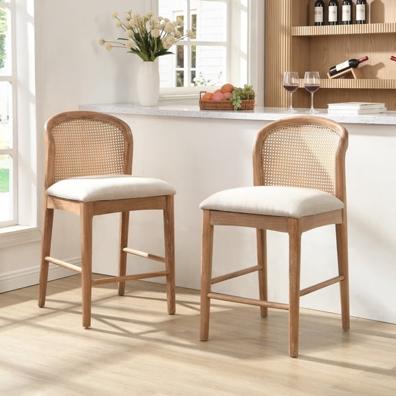 Christopher Knight Home Wood Counter Stool with Rattan Back, Upholstered Seat, Natural+Beige, Set of 2