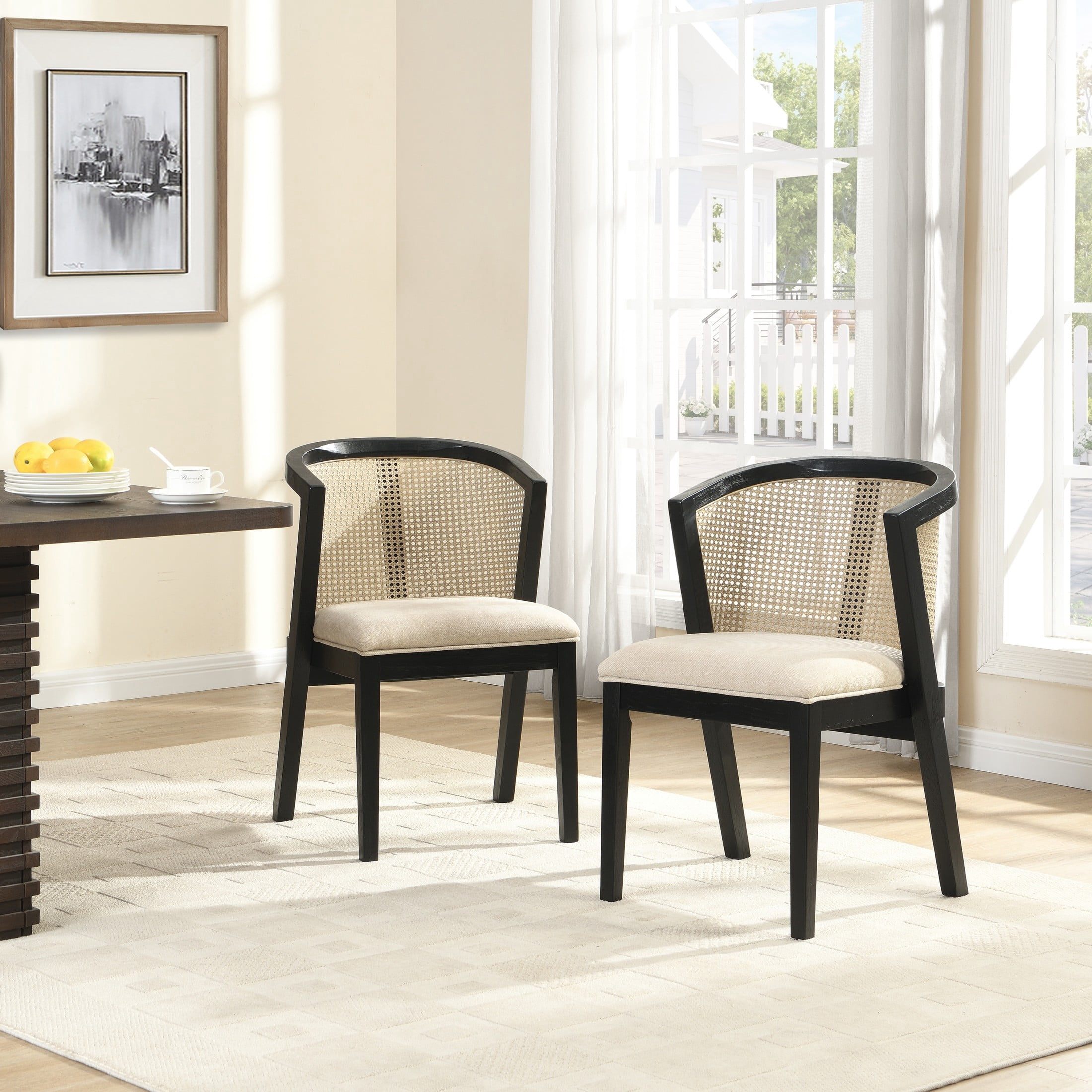 Christopher Knight Home Wood Dining Chairs with Cane Rattan Backrest, Black+Beige, Set of 2