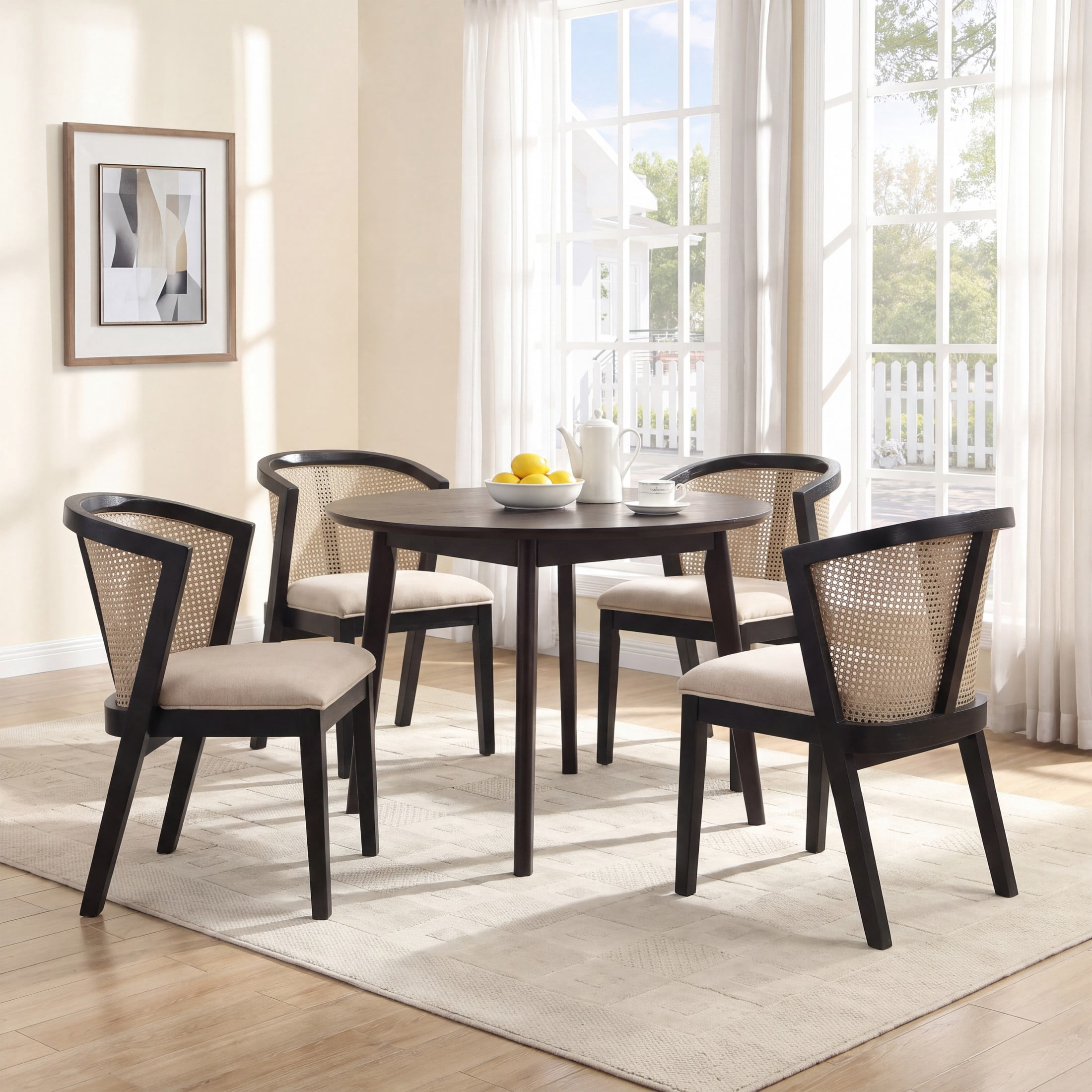 Christopher Knight Home Wood Dining Chairs with Cane Rattan Backrest, Black+Beige, Set of 4
