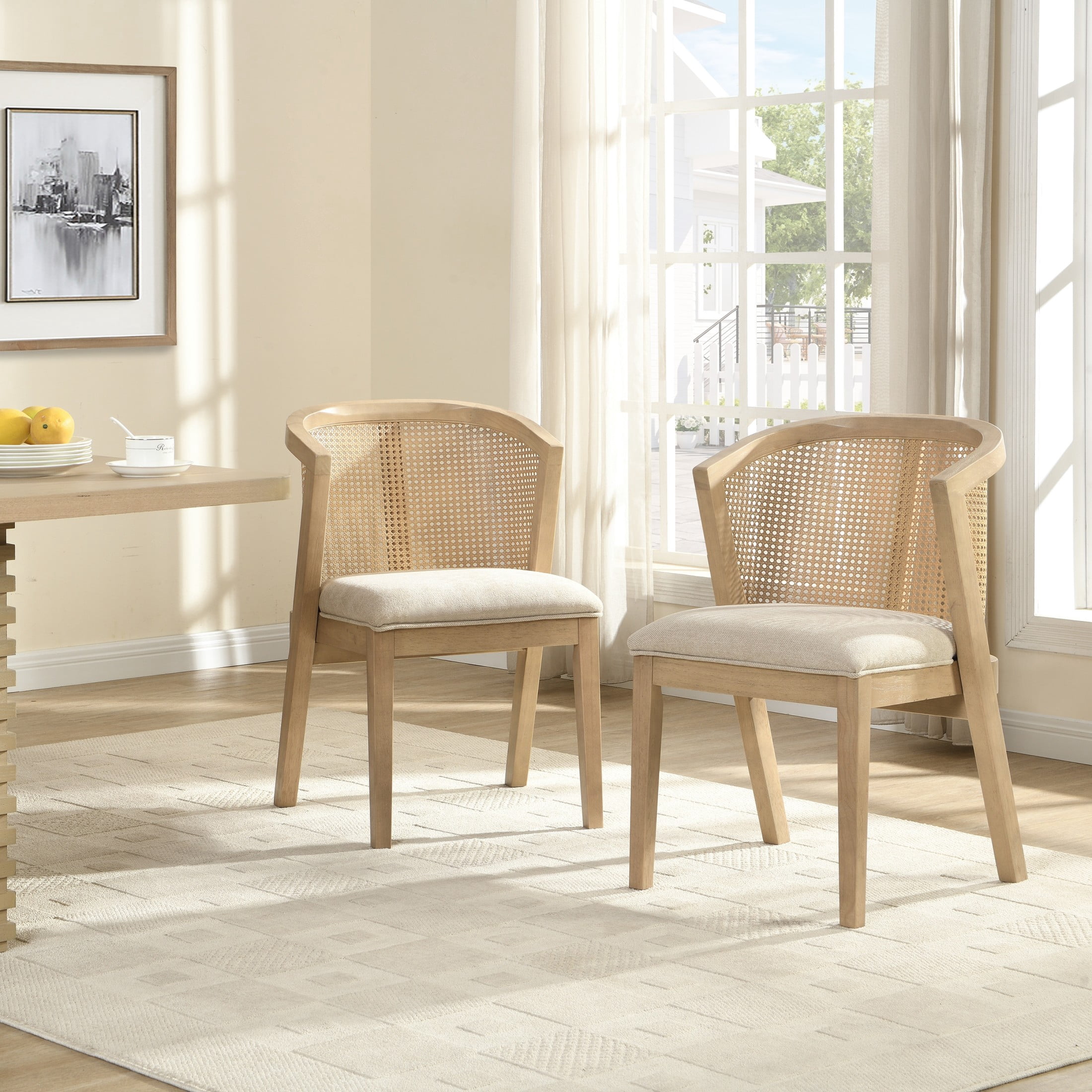 Christopher Knight Home Wood Dining Chairs with Cane Rattan Backrest, Light Ash+Beige, Set of 2
