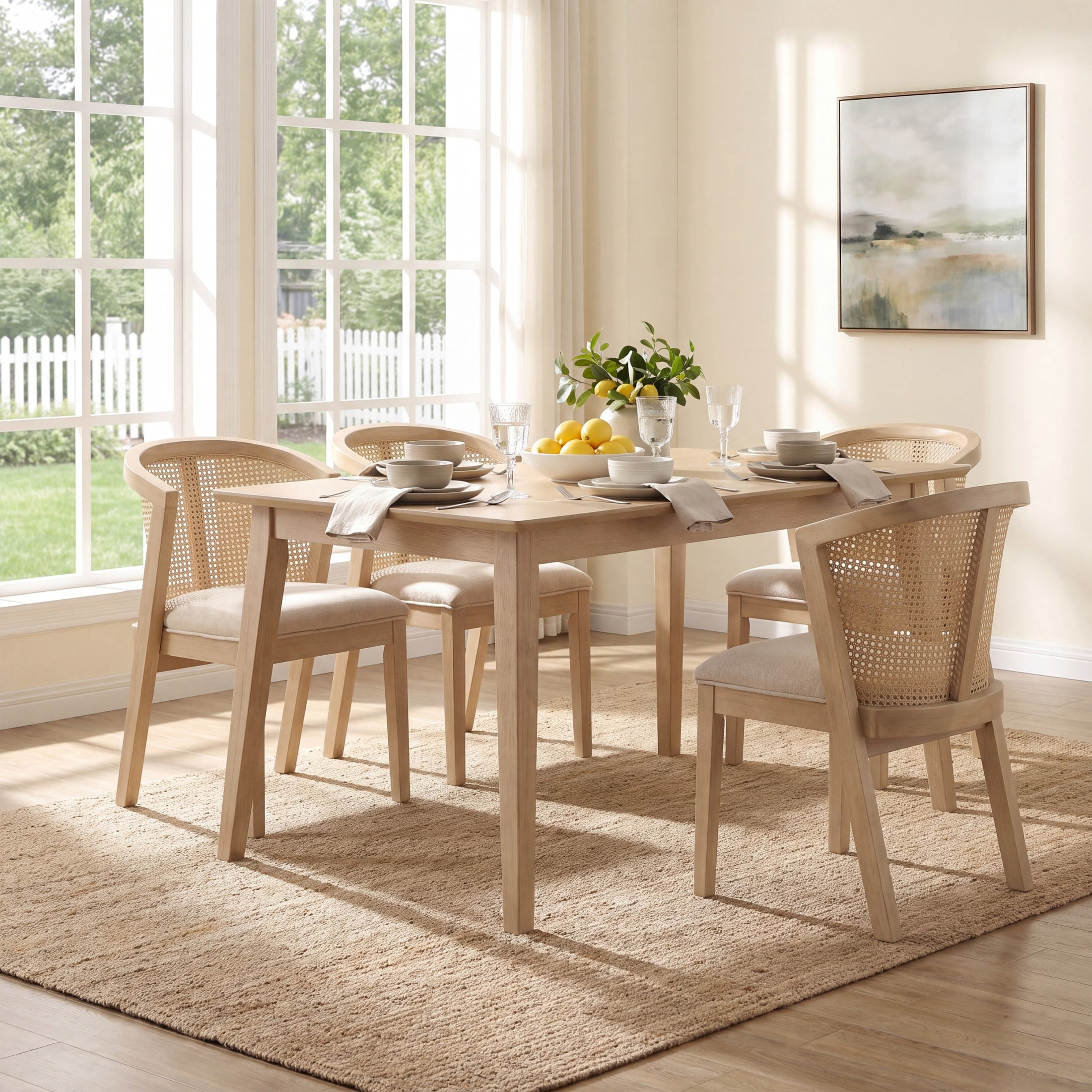 Christopher Knight Home Wood Dining Chairs with Cane Rattan Backrest, Light Ash+Beige, Set of 4