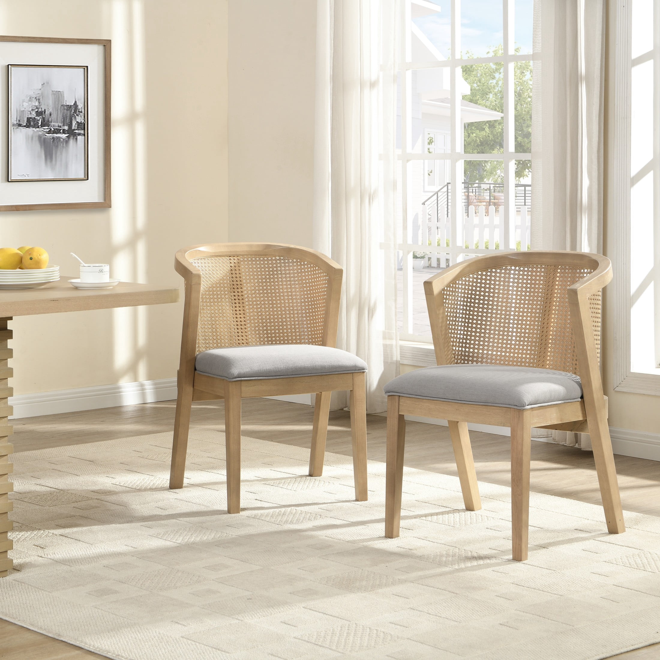 Christopher Knight Home Wood Dining Chairs with Cane Rattan Backrest, Light Ash+Pebble, Set of 2