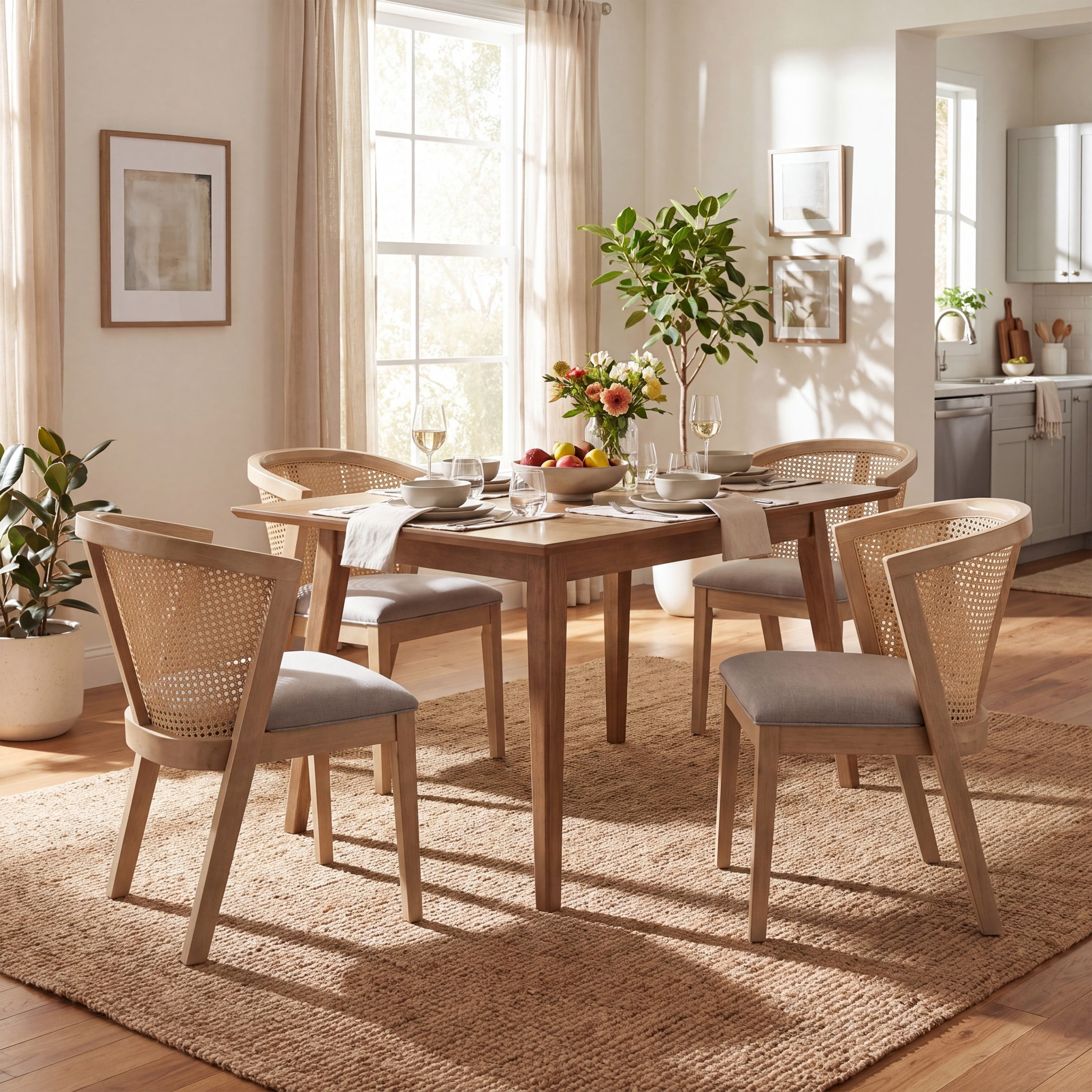 Christopher Knight Home Wood Dining Chairs with Cane Rattan Backrest, Light Ash+Pebble, Set of 4