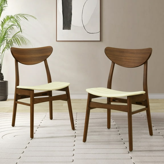 Christopher Knight Home Wood Dining Chairs with Faux Leather Seat, Splayed Legs, Walnut+Beige, Set of 2