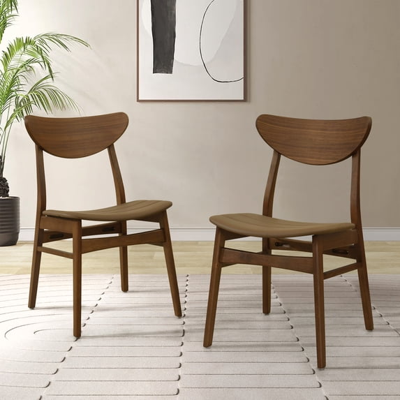 Christopher Knight Home Wood Dining Chairs with Faux Leather Seat, Splayed Legs, Walnut+Brown, Set of 2