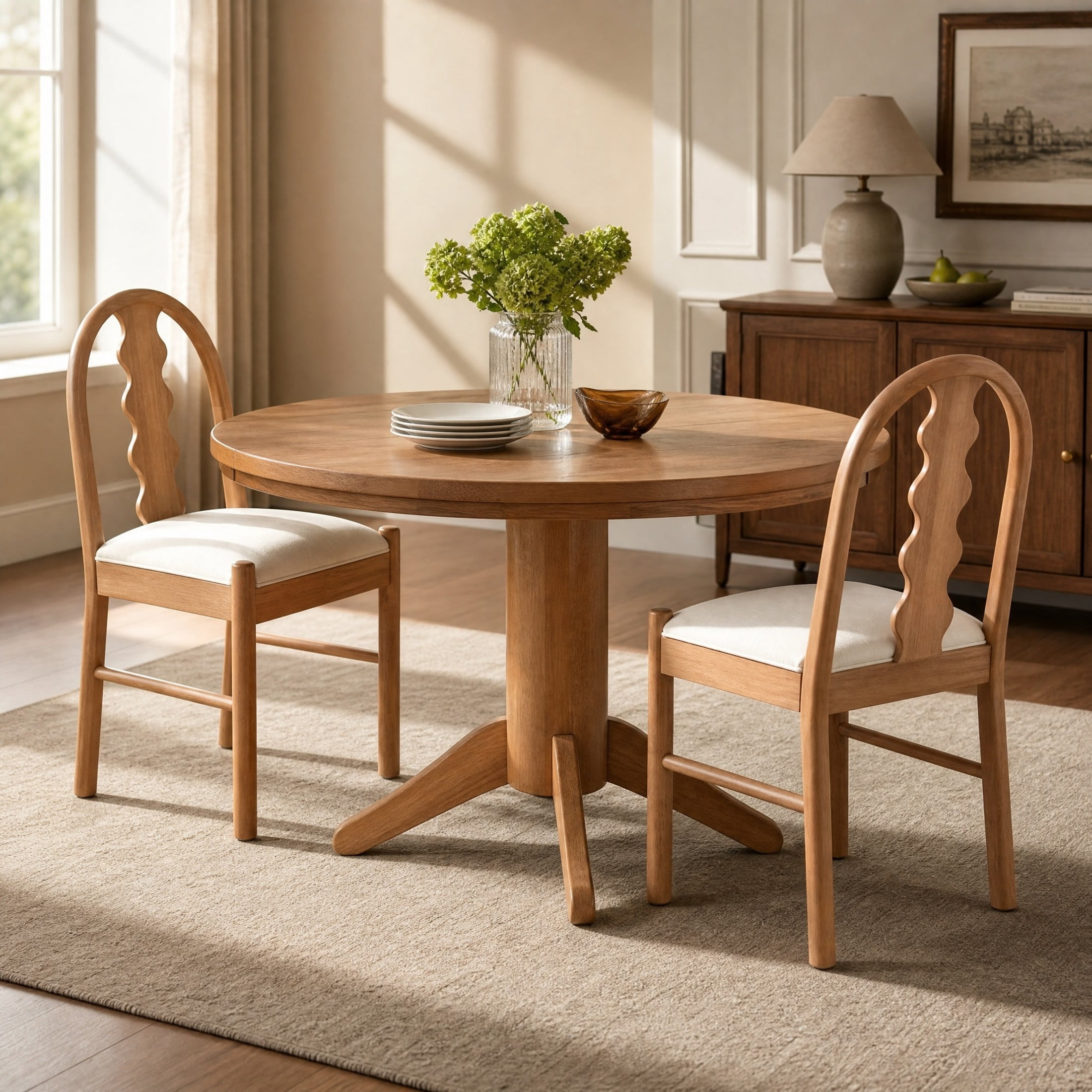 Christopher Knight Home Wood Dining Chairs with Wavy Arch Back and Upholstered Seat, Natural+White, Set of 2