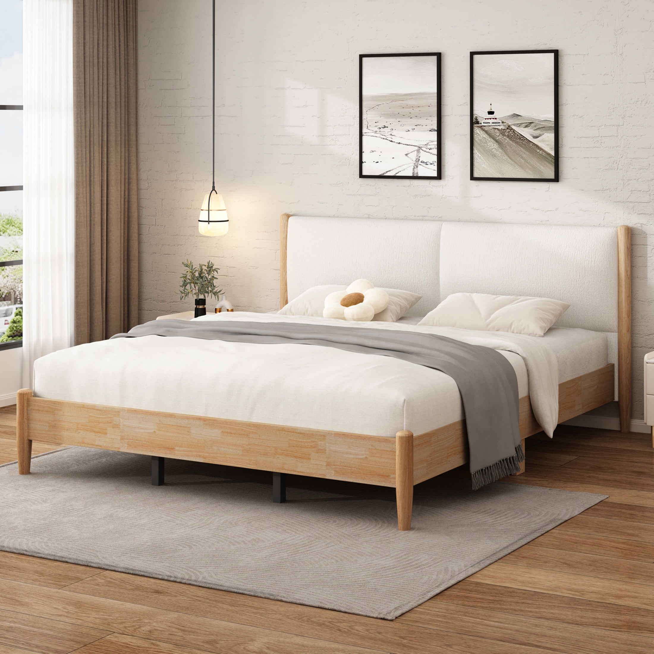 Christopher Knight Home Wood King Bed Frame with White Upholstered Headboard, No Box Spring, Natural