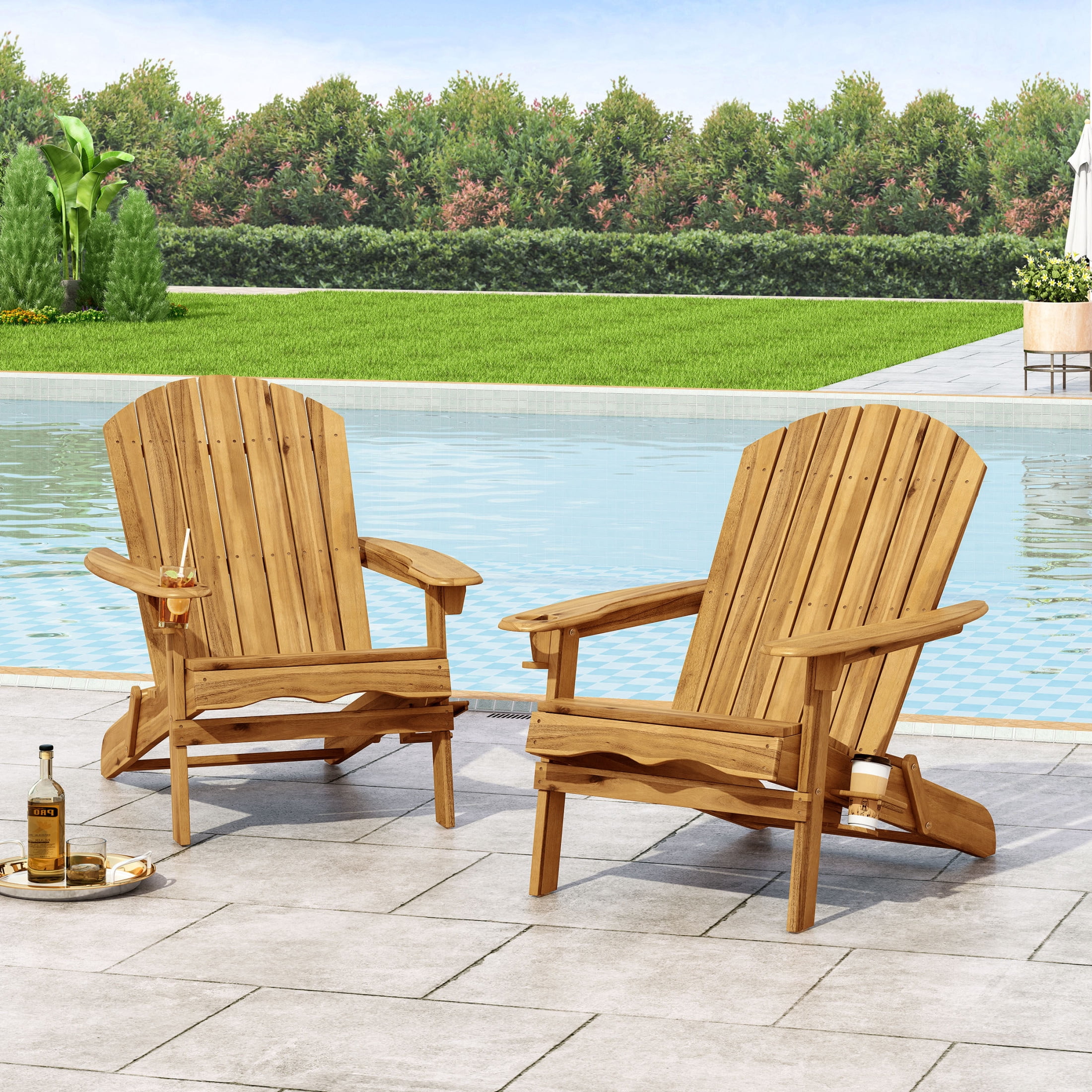 Christopher Knight Home Wood Outdoor Adirondack Chair, Folding Patio Lounge Chair with Cup Holders, Teak, Set of 2