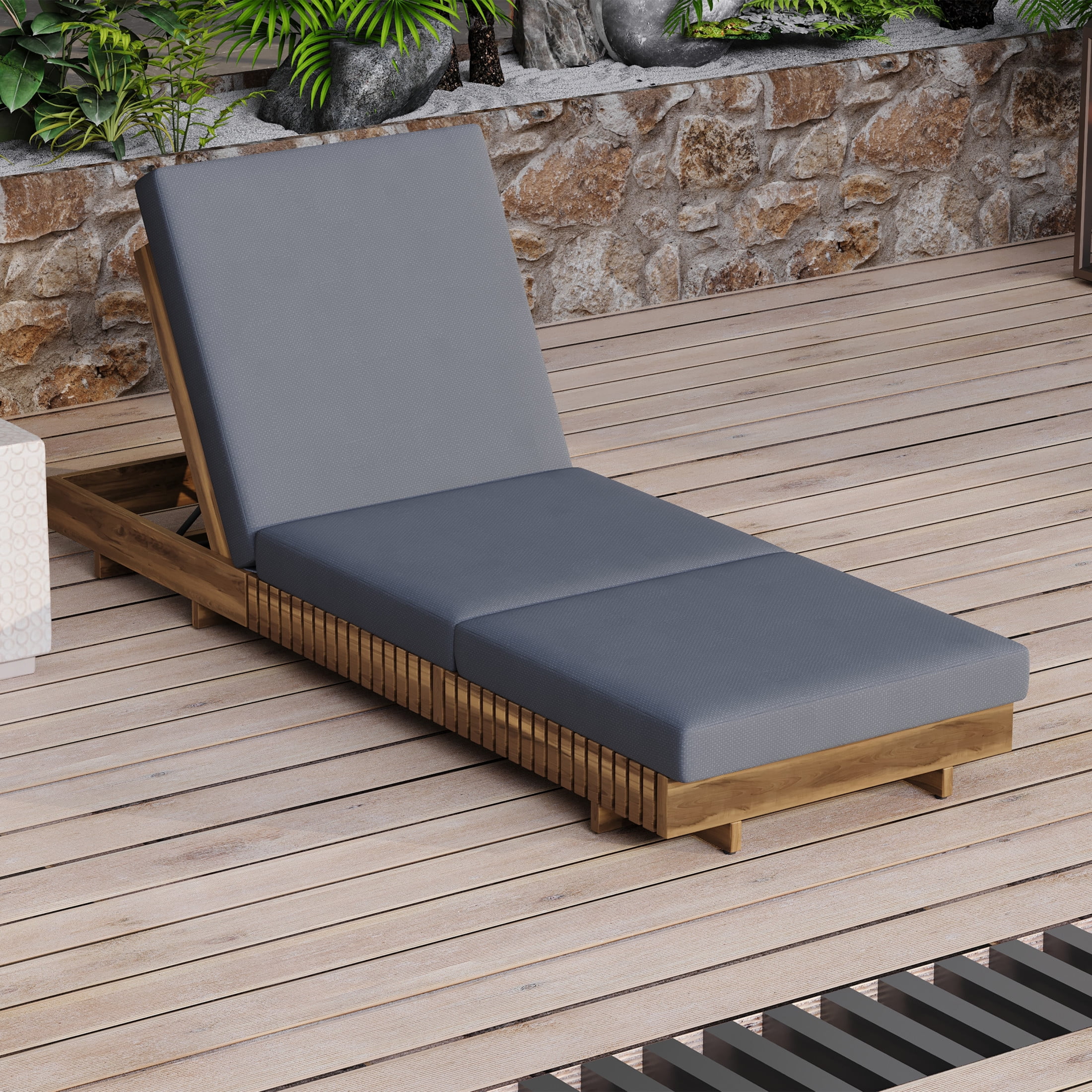 Christopher Knight Home Wood Outdoor Chaise Lounge Chair with Adjustable Backrest and Tri-Folding Cushion, Dark Gray