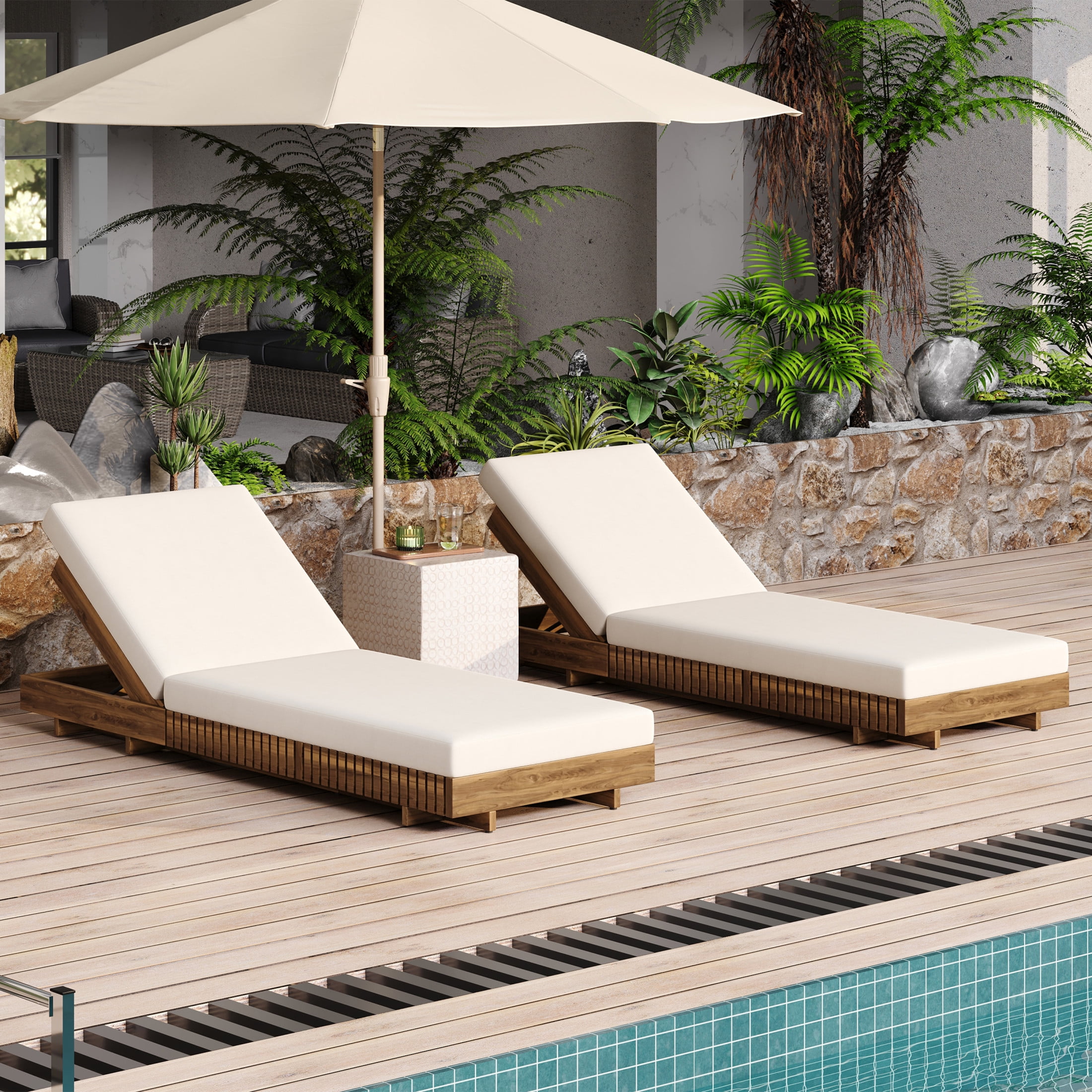 Christopher Knight Home Wood Outdoor Chaise Lounge Chairs with Adjustable Backrests and Foldable Cushions, Cream, Set of 2