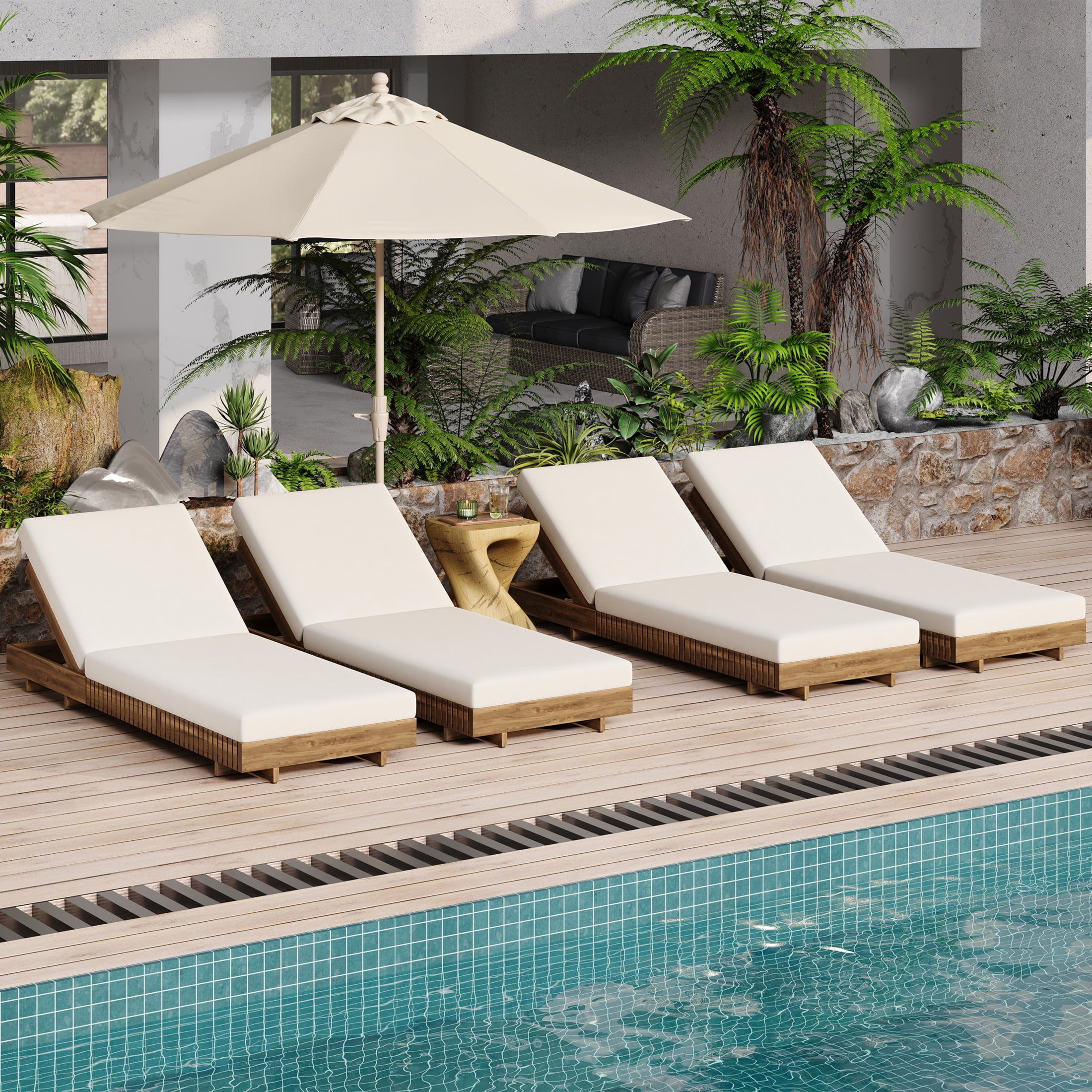 Christopher Knight Home Wood Outdoor Chaise Lounge Chairs with Adjustable Backrests and Foldable Cushions, Cream, Set of 4