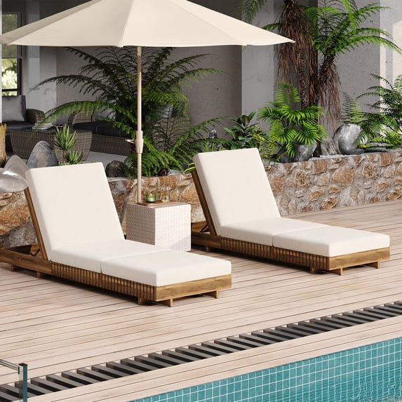 Christopher Knight Home Wood Outdoor Chaise Lounge Chairs with Adjustable Backrests and Tri-Folding Cushions, Cream, Set of 2