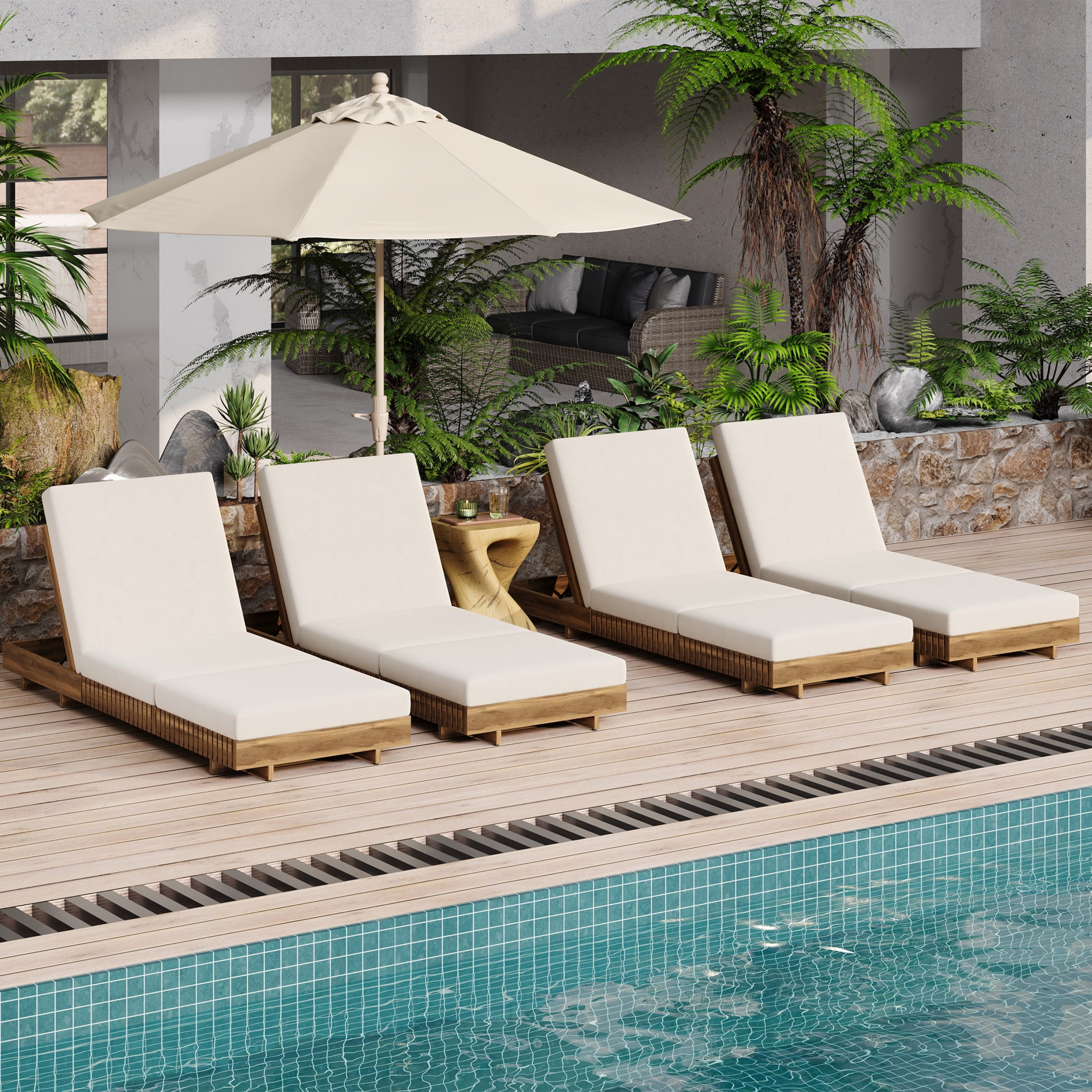 Christopher Knight Home Wood Outdoor Chaise Lounge Chairs with Adjustable Backrests and Tri-Folding Cushions, Cream, Set of 4