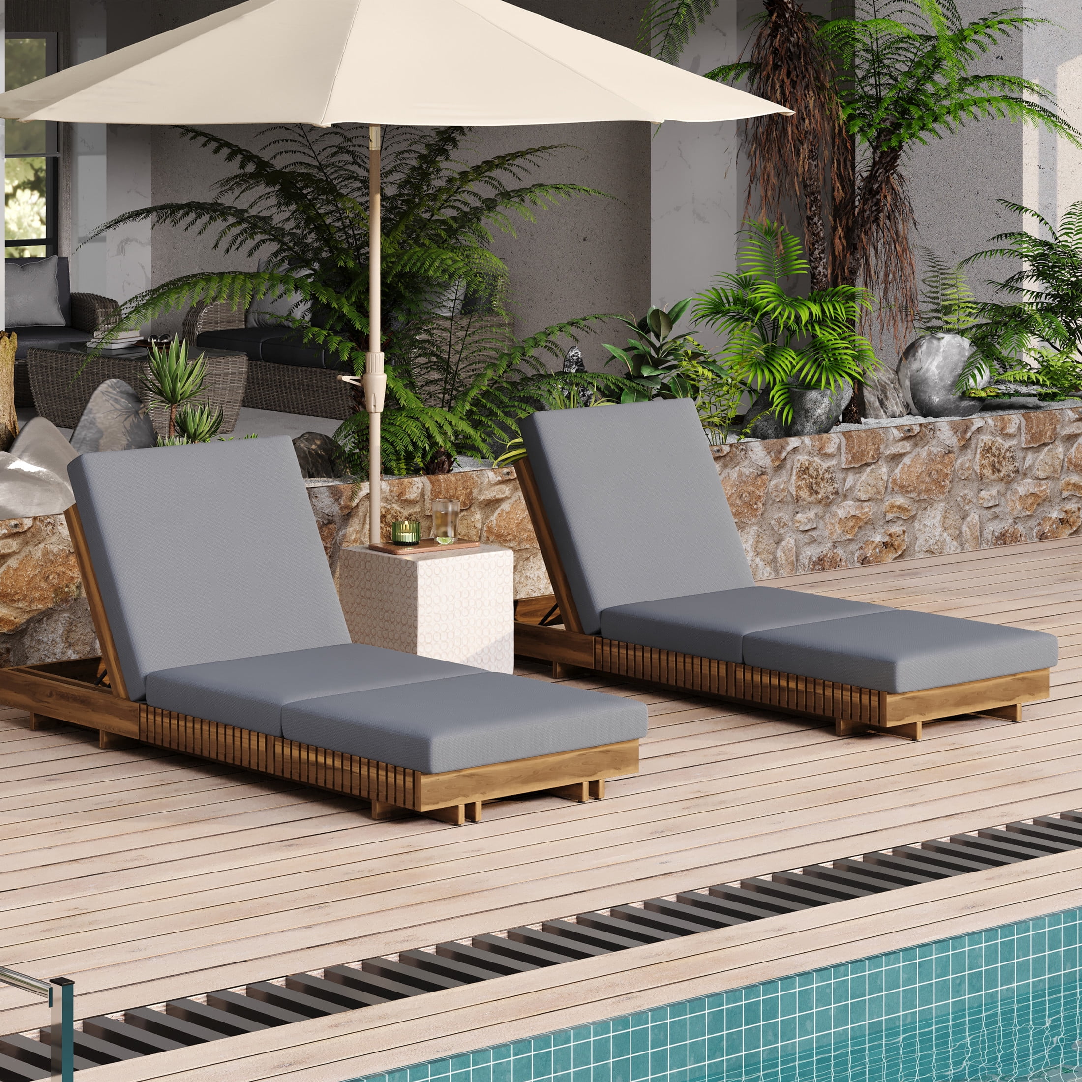 Christopher Knight Home Wood Outdoor Chaise Lounge Chairs with Adjustable Backrests and Tri-Folding Cushions, Dark Gray, Set of 2