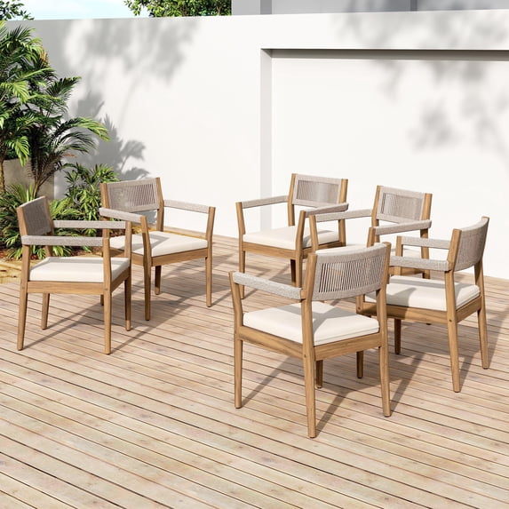 Christopher Knight Home Wood Outdoor Dining Chair with Cushion, Woven Rope Design, Teak+Cream, Set of 6