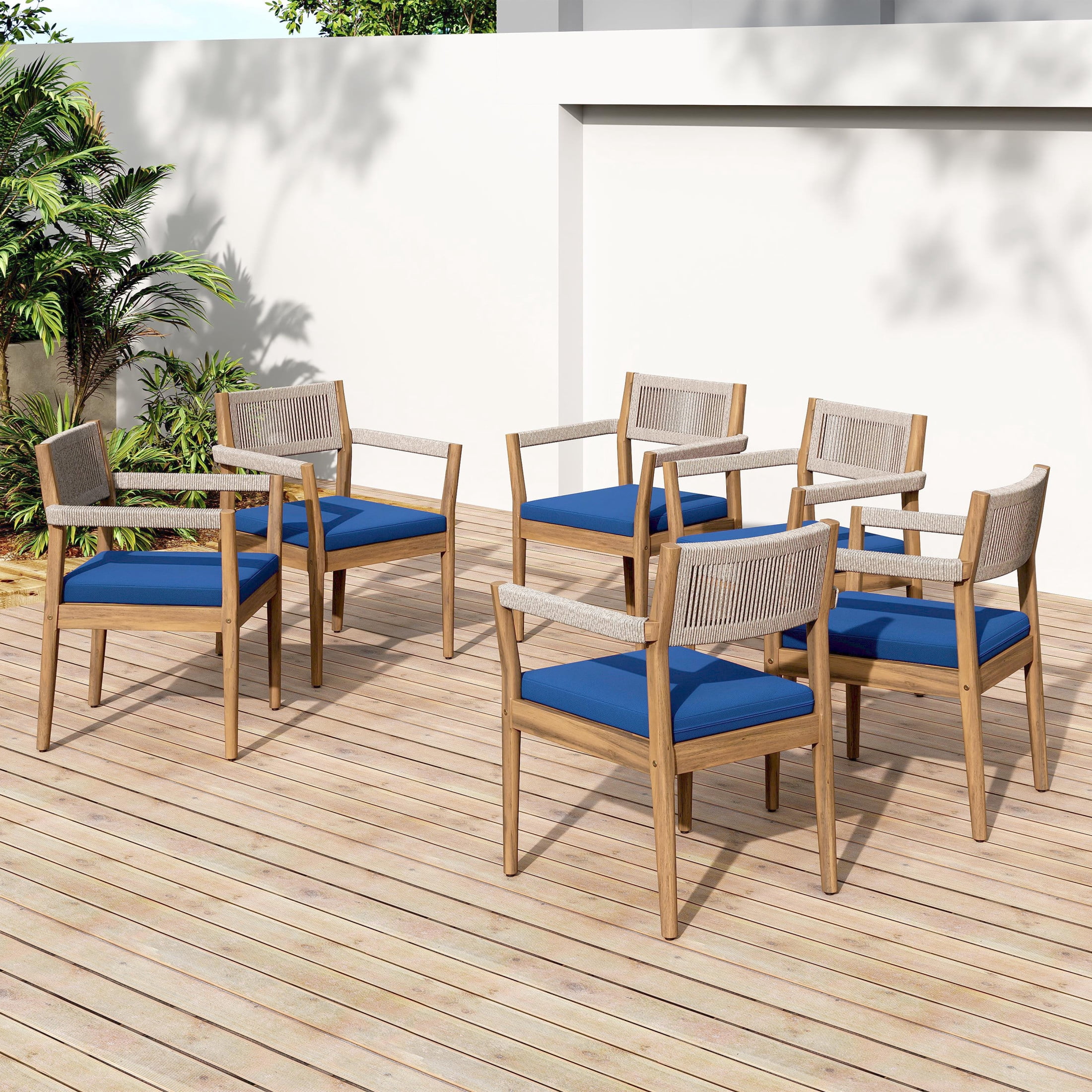 Christopher Knight Home Wood Outdoor Dining Chair with Cushion, Woven Rope Design, Teak+Navy, Set of 6