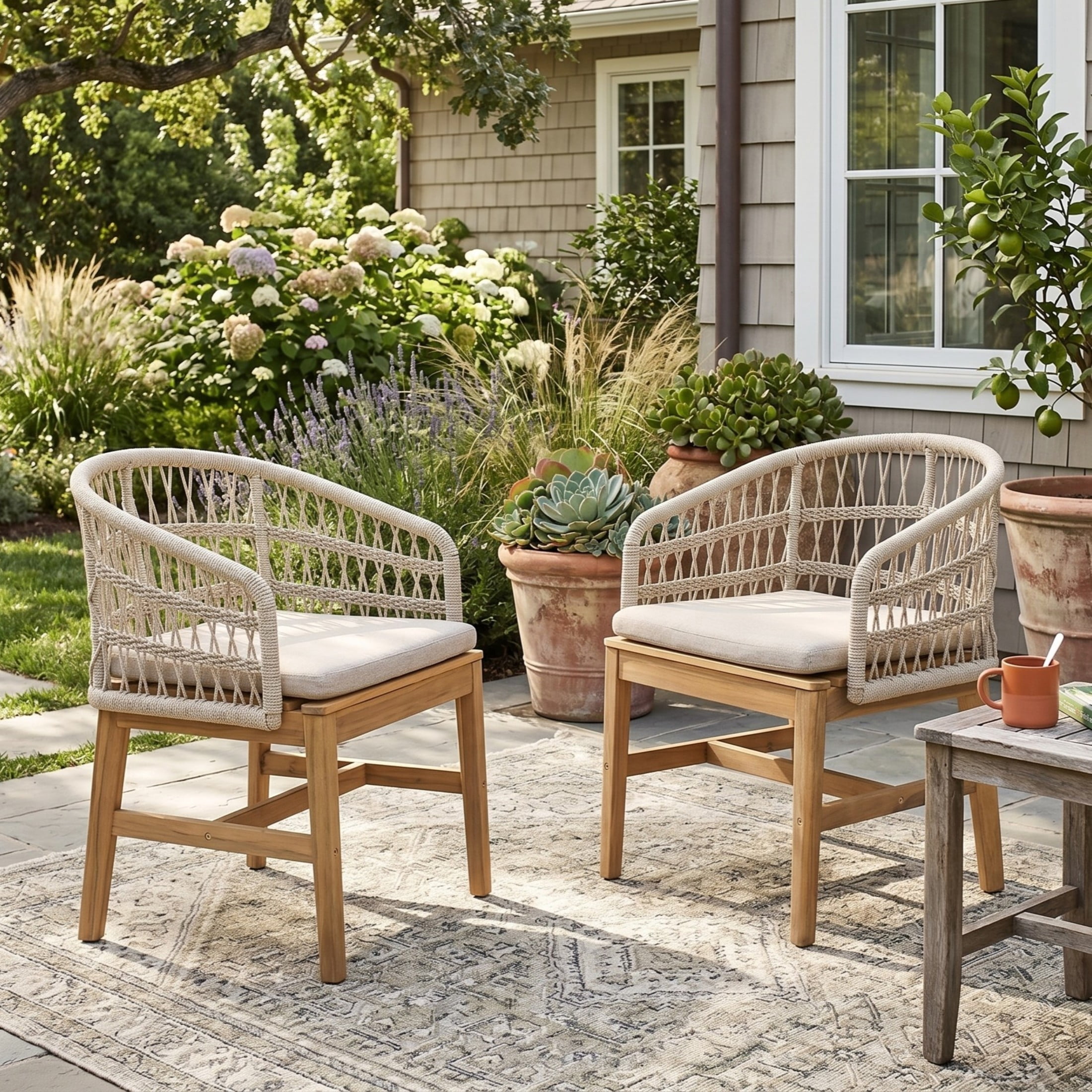 Christopher Knight Home Wood Outdoor Dining Chairs with Rope Arms and Cushions, Teak+Beige, Set of 2
