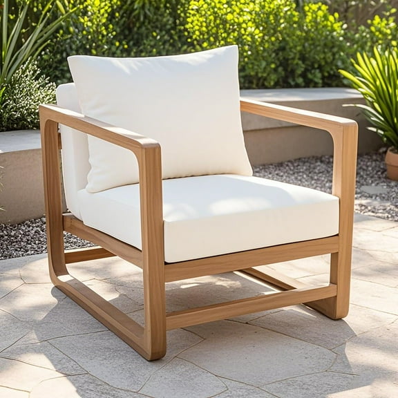 Christopher Knight Home Wood Outdoor Lounge Chair with Beige Cushion, Patio Deep Seating, Teak Finish