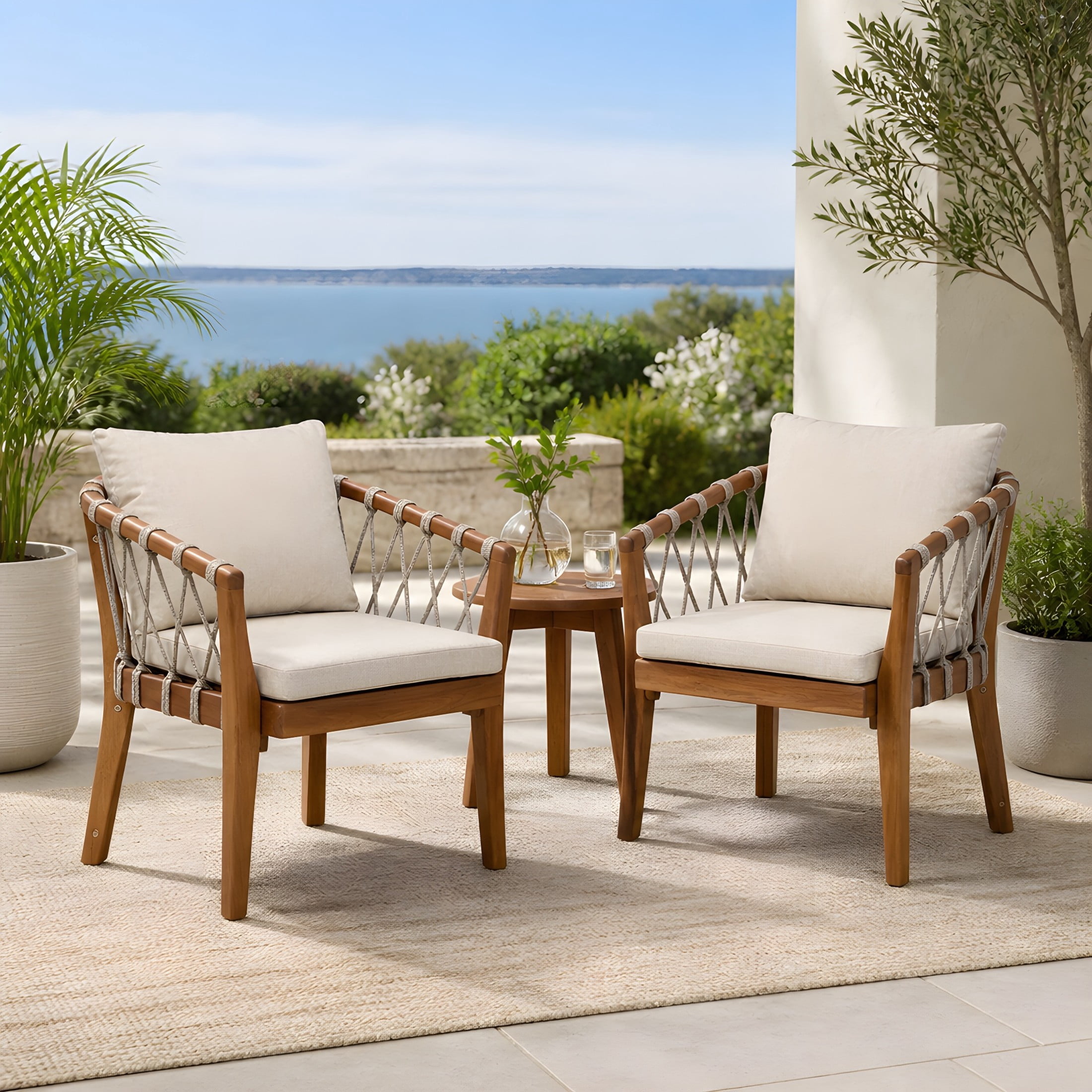 Christopher Knight Home Wood Patio Dining Chairs with Rope Weave and Cushions, Teak+Beige, Set of 2