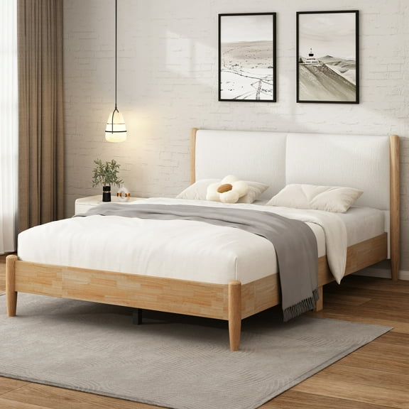 Christopher Knight Home Wood Queen Bed Frame with White Upholstered Headboard, No Box Spring, Natural