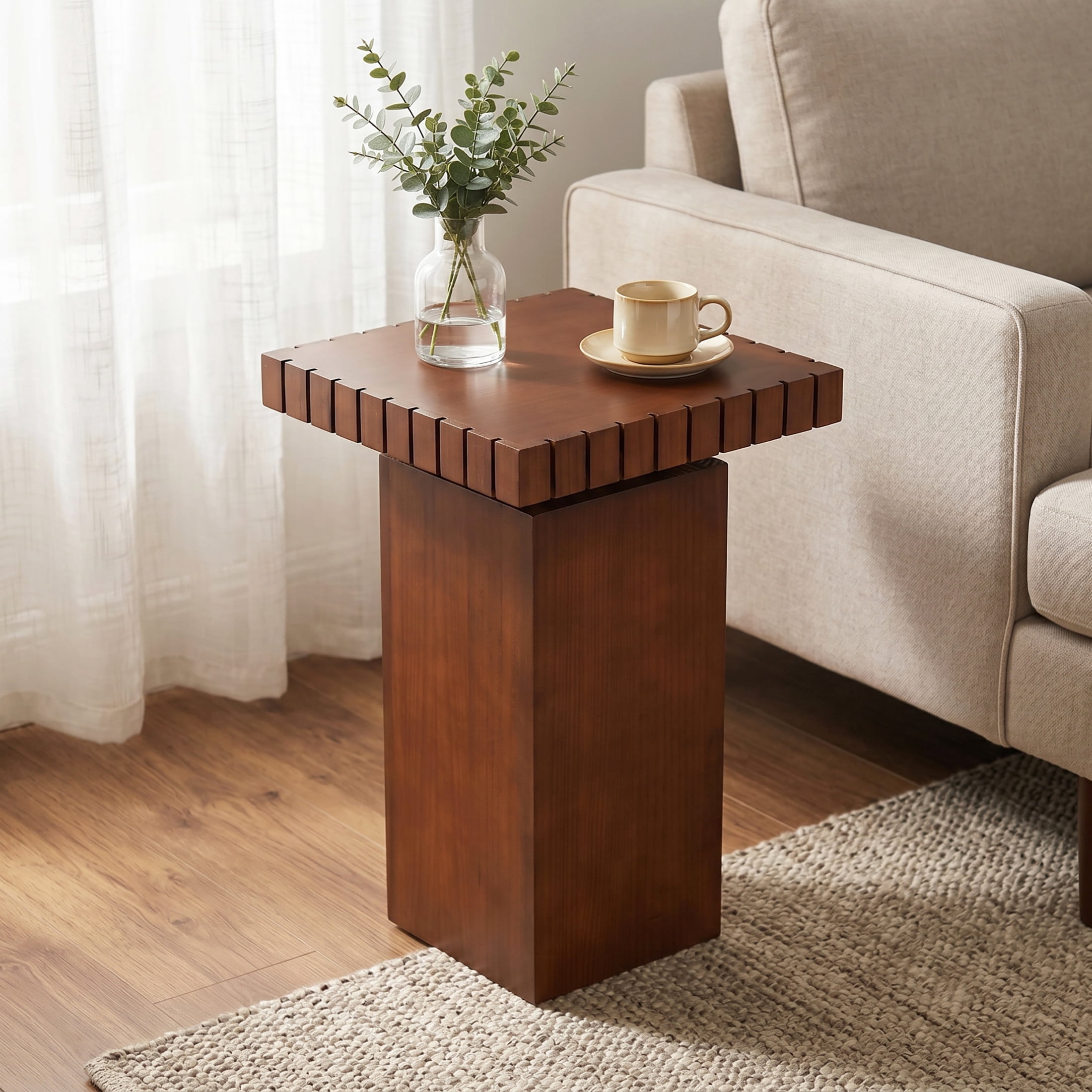 Christopher Knight Home Wood Square End Table, Pine Accent Side Table with Pedestal Base, Walnut