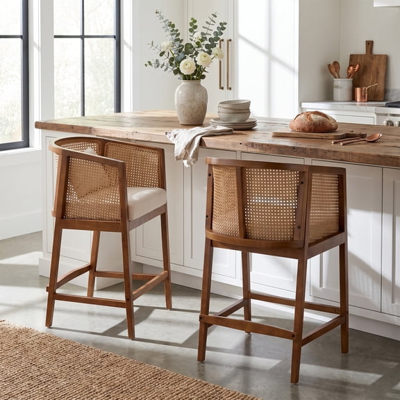Christopher Knight Home Wood and Rattan Cane Counter Stools with Beige Seat, Walnut Finish, Set of 2