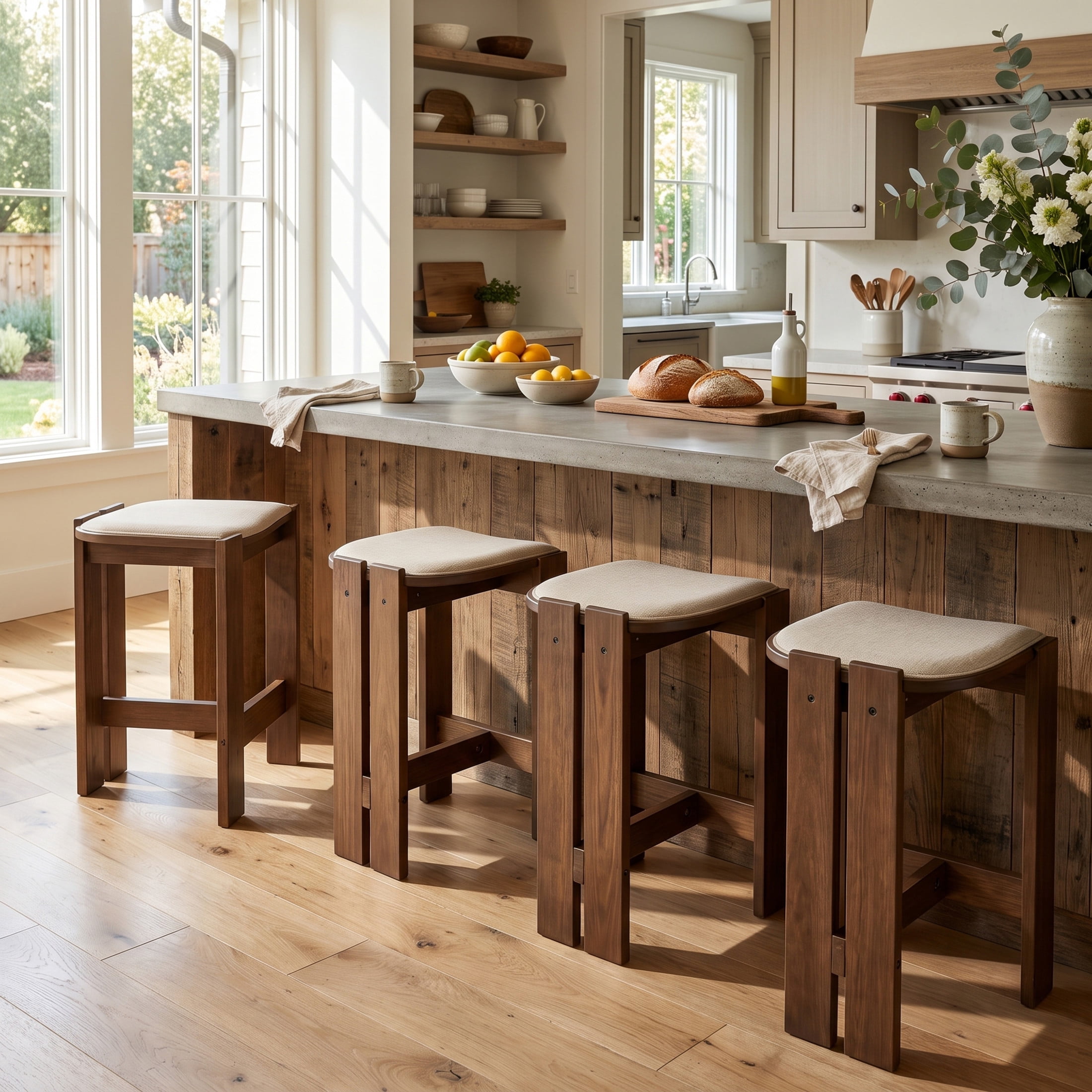 Christopher Knight Home Wooden Backless Counter Stools with Upholstered Seat, Walnut+Beige, Set of 4