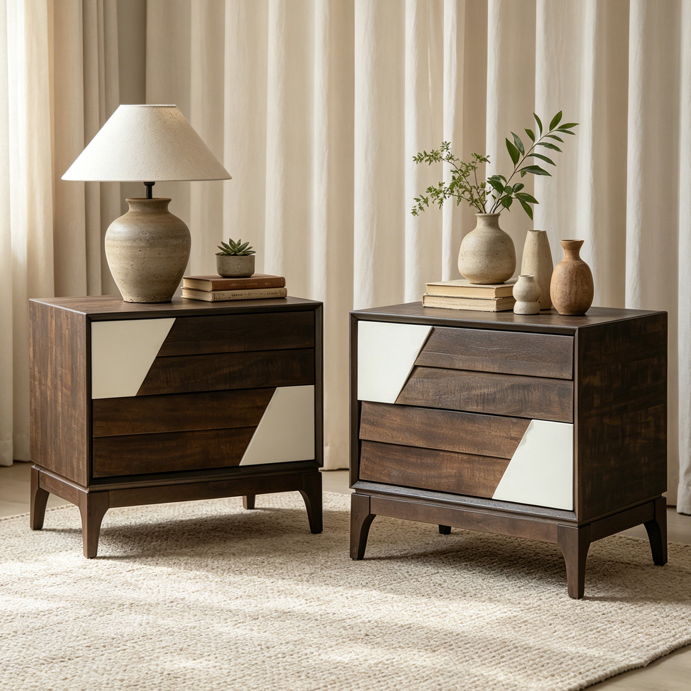 Christopher Knight Home Wooden Nightstand with 2 Drawers, Japandi Style Bedside Table, Brown, Set of 2