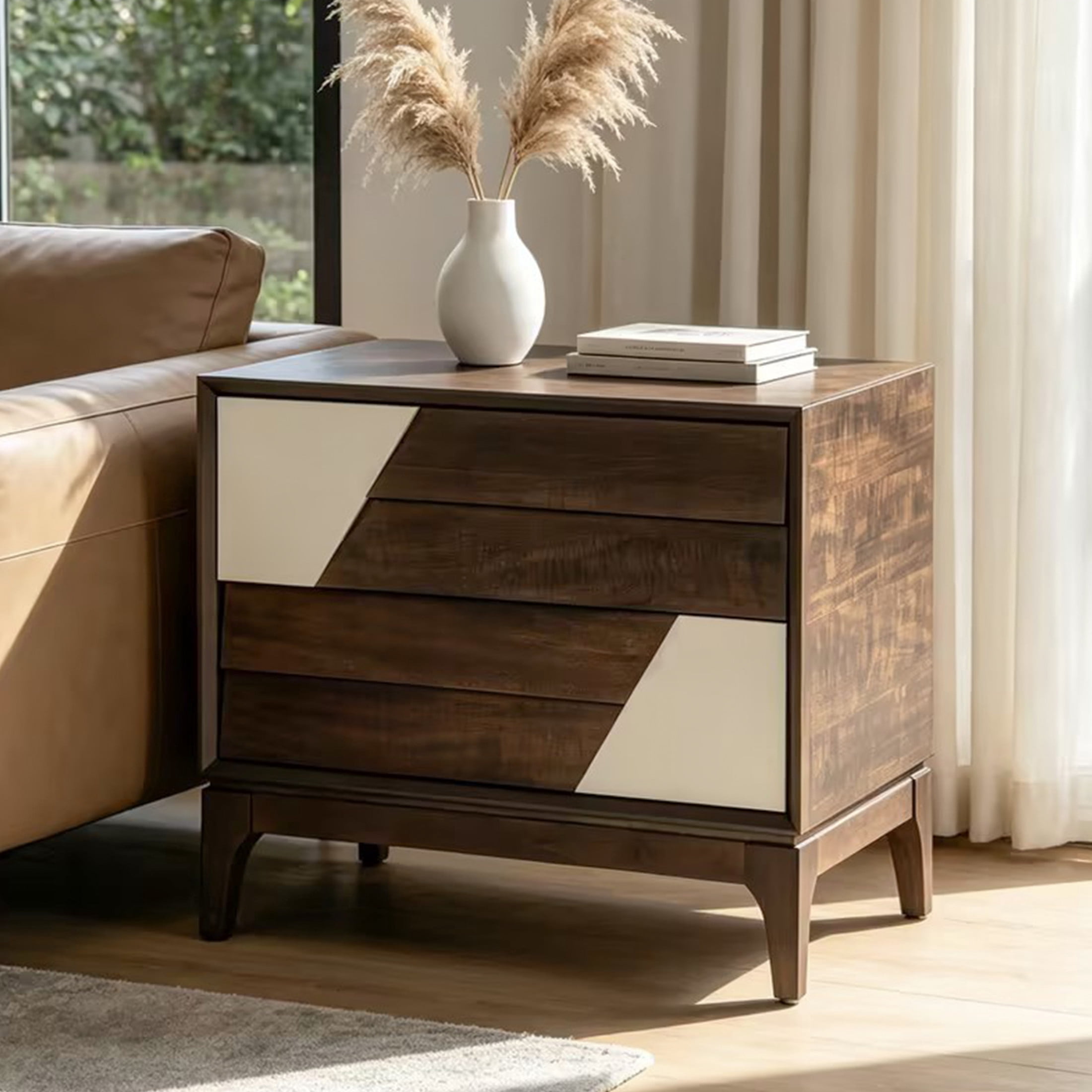 Christopher Knight Home Wooden Nightstand with 2 Drawers, Japandi Style Bedside Table, Brown