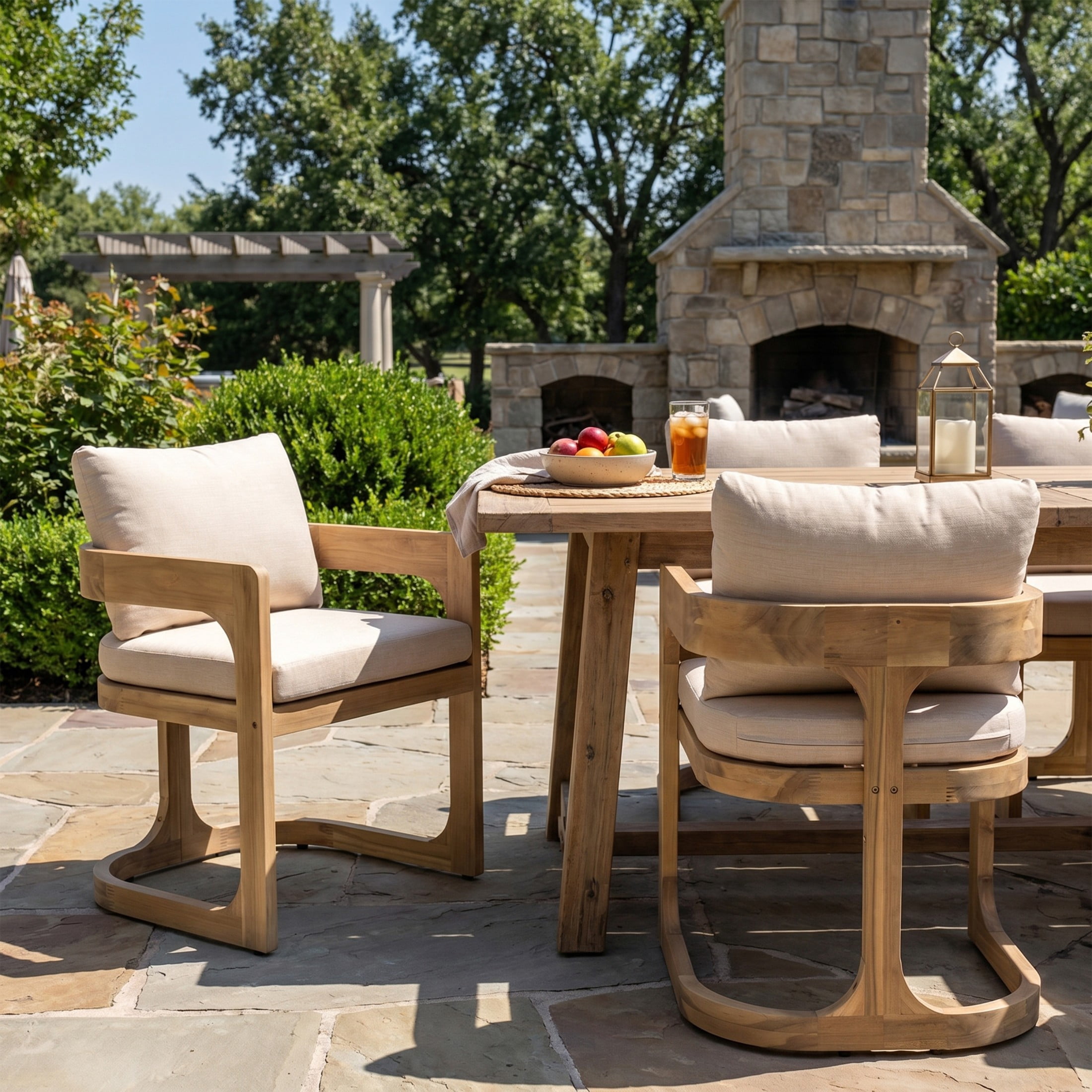 Christopher Knight Home Wooden U-Shaped Outdoor Dining Chair with Beige Cushion, Natural, Set of 2