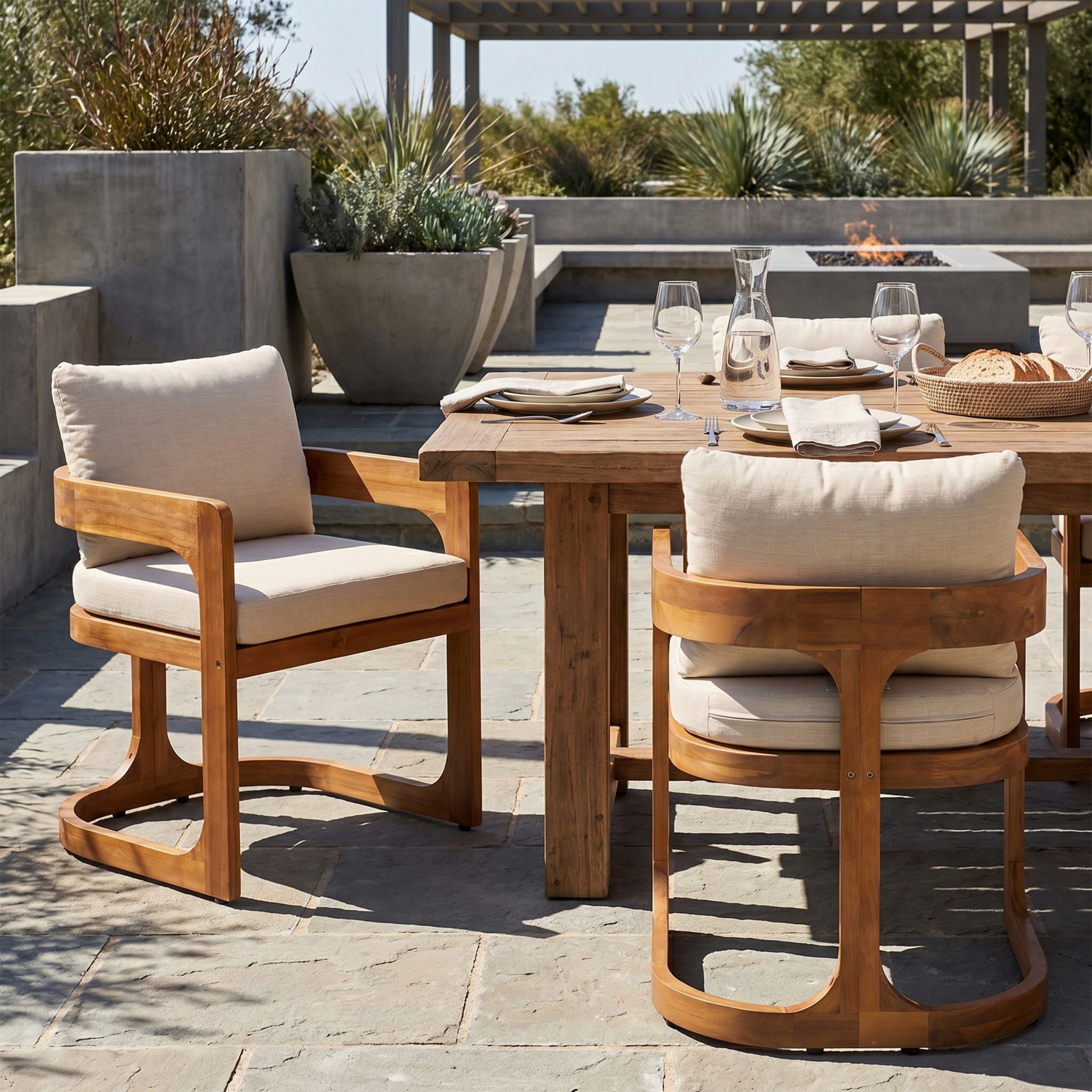 Christopher Knight Home Wooden U-Shaped Outdoor Dining Chair with Beige Cushion, Teak, Set of 2
