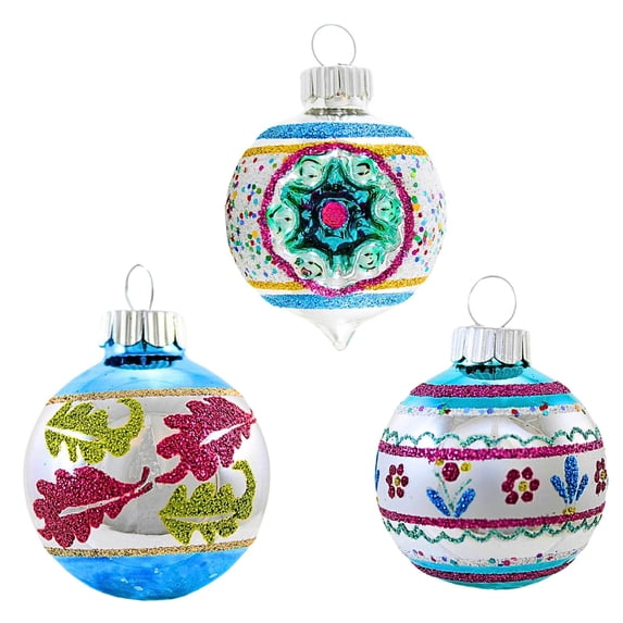 Christopher Radko Company 2.00In Vintage Reflectors & Rounds Set, Glass, Stripes Glitter Sbreflect083