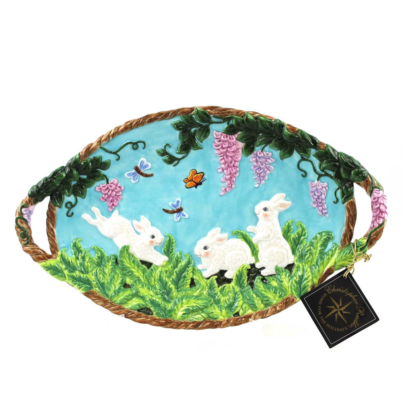 Christopher Radko Fern Meadow Platter Ceramic Spring Bunnies