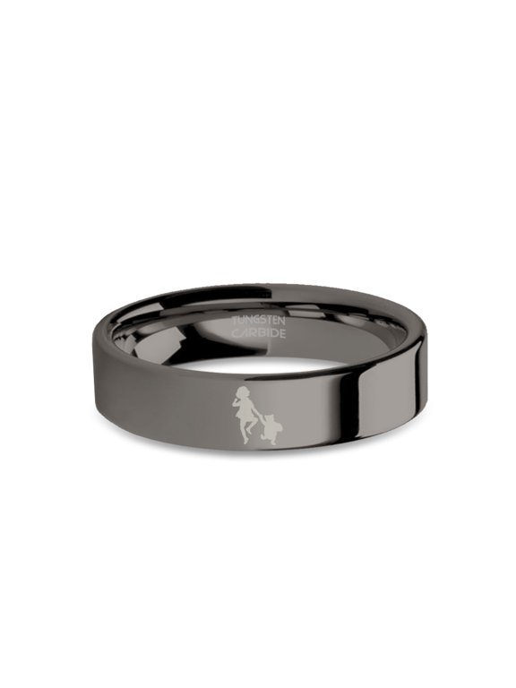 Christopher Robin Pooh Hold Hands Engraved Gunmetal Tungsten Ring, 6mm, Size 4.5