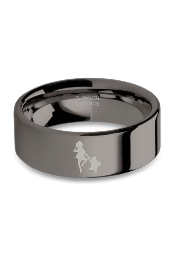 Christopher Robin Pooh Hold Hands Engraved Gunmetal Tungsten Ring, 8mm, Size 9