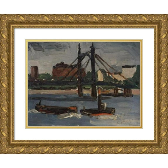 Christopher Wood 18x14 Gold Ornate Wood Frame and Double Matted Museum Art Print Titled - The Thames at Battersea (1925)