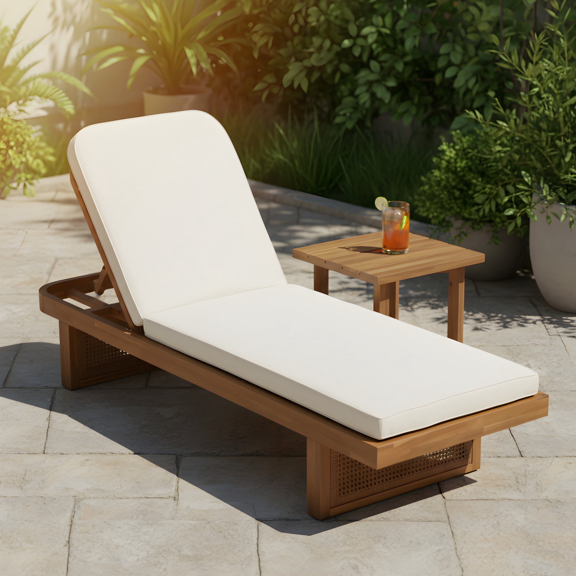 Christopher&nbsp;Knight&nbsp;Home 80.5"&nbsp;Acacia&nbsp;Wood&nbsp;Outdoor&nbsp;Lounger&nbsp;&&nbsp;Rustic&nbsp;Slat&nbsp;Side&nbsp;Table&nbsp;Set,&nbsp;Beige&nbsp;Cushion