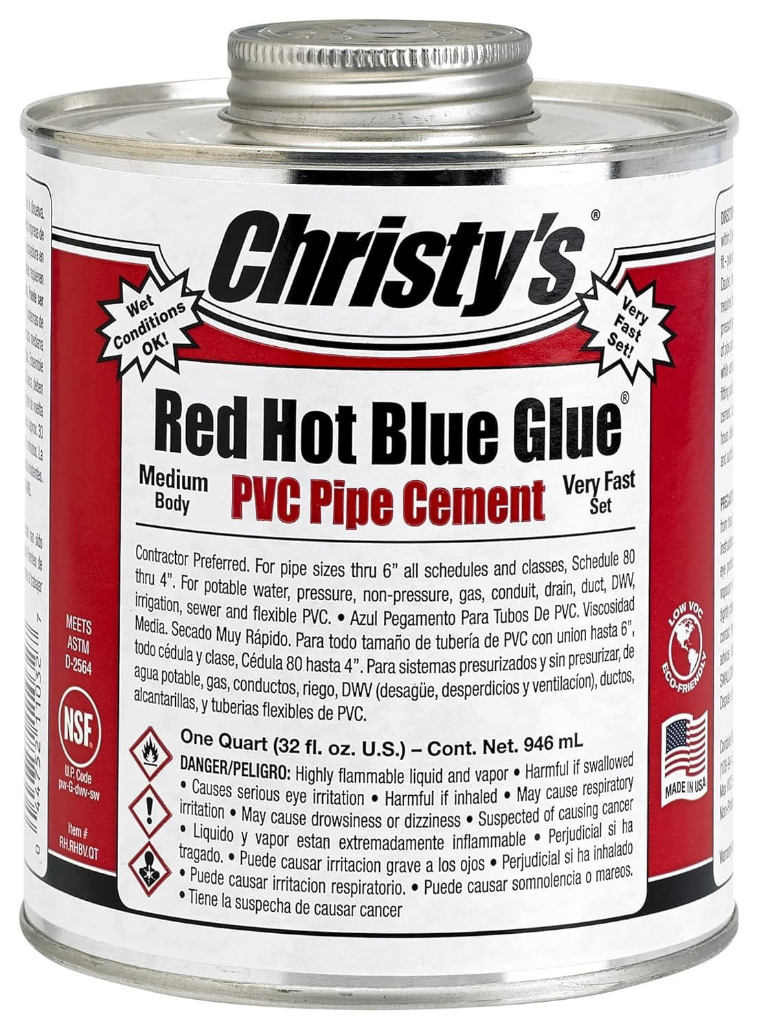 Christy's Red Hot Blue Glue PVC Cement Medium Body, Very Fast Set
