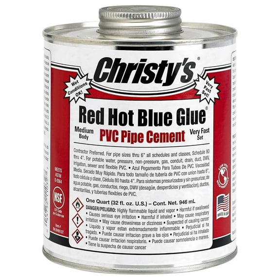 Christy's Red Hot Blue Glue PVC Cement - Medium Body, Very Fast Set, Low-VOC, 1 Quart 32 fl oz