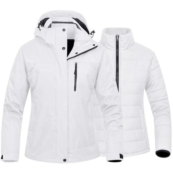 3-in-1 Snowboard Jacket Women Ladies Winter Coats Waterproof Ski Windbreaker Coat Fleece Inner for Rain Snow Outdoor Hiking White M