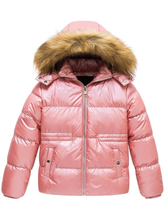 Big Girl's Quilted Puffer Jacket Warm Winter Coat Water Resistant Winter Jacket Hooded Parka Pink 4-5