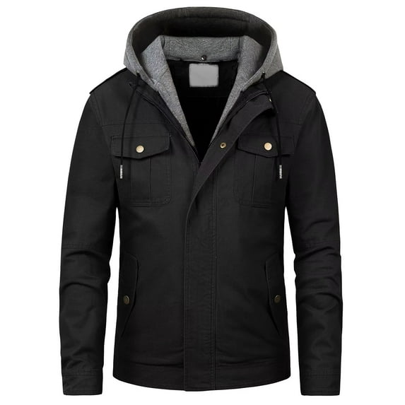 Chrisuno Boy Cotton Lightweight Multi Pockets Jacket Zip Front Stand Collar Military Windbreaker Black S